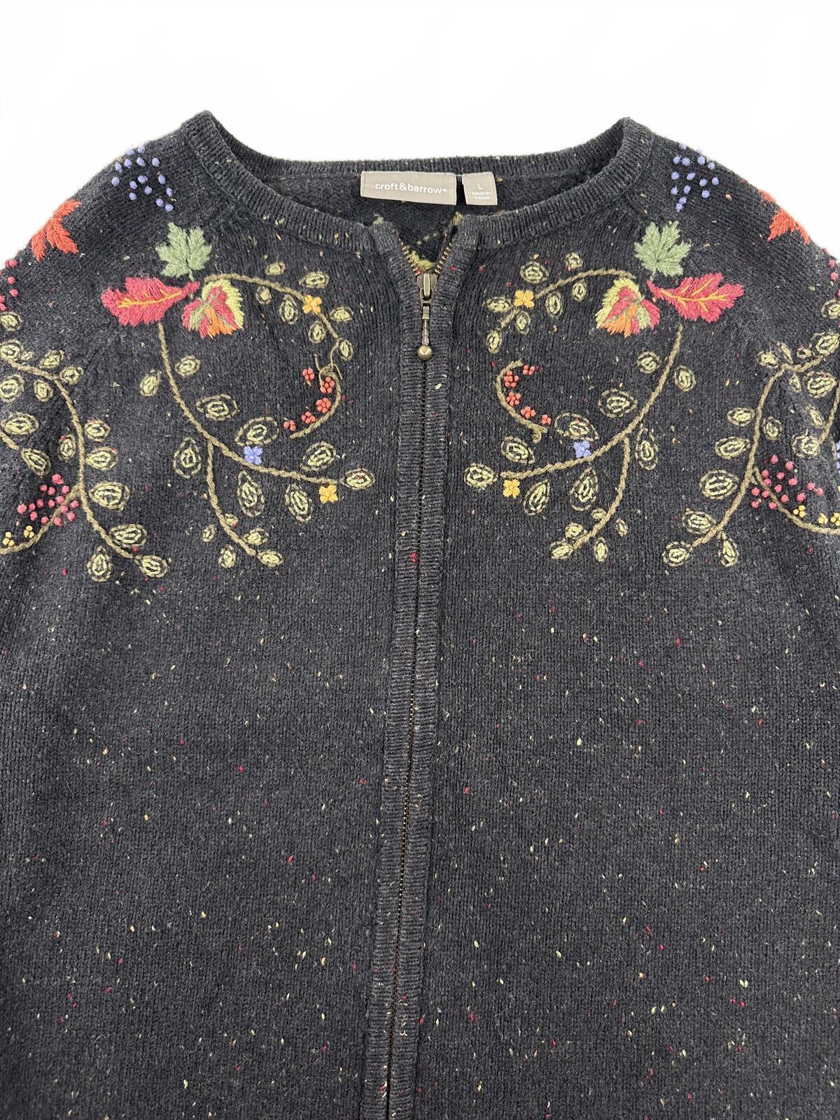 Croft & Barrow Fairycore Y2K Embroidered Zip Cardigan Black Floral Vine Sweater