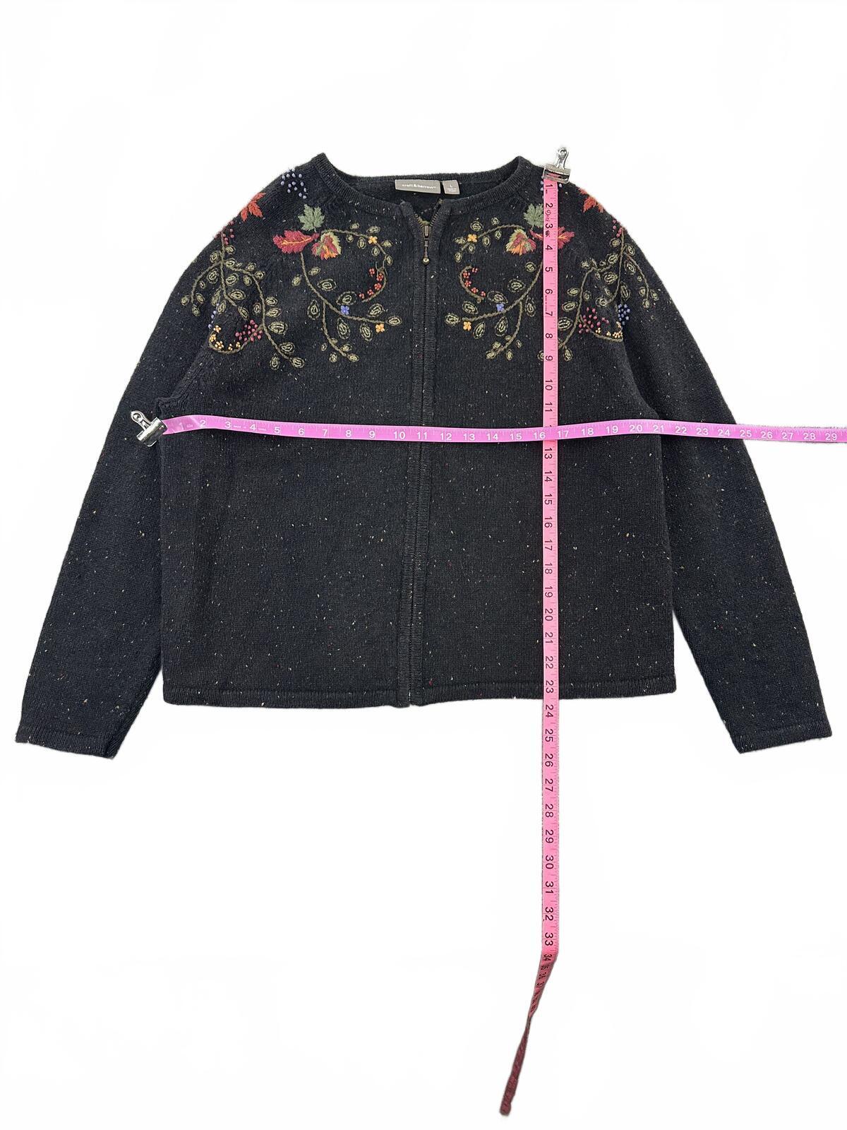 Croft & Barrow Fairycore Y2K Embroidered Zip Cardigan Black Floral Vine Sweater