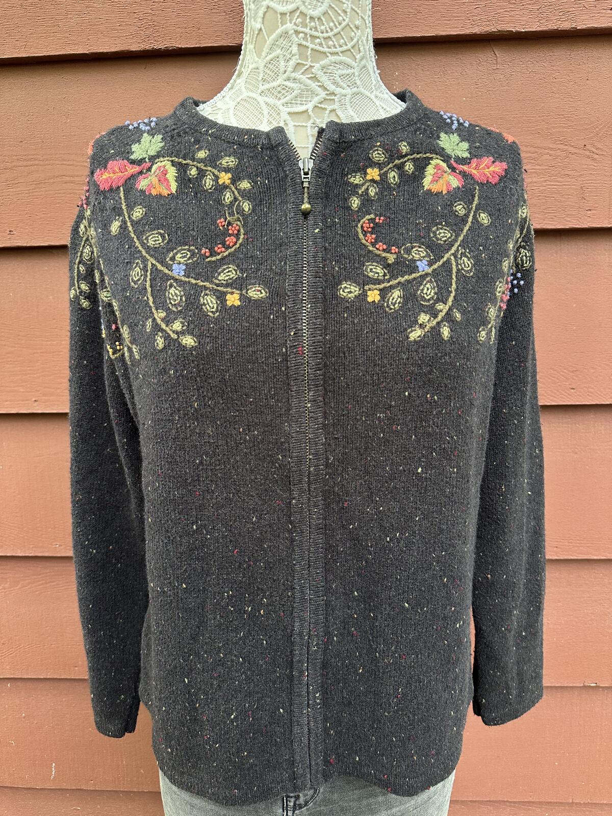 Croft & Barrow Fairycore Y2K Embroidered Zip Cardigan Black Floral Vine Sweater