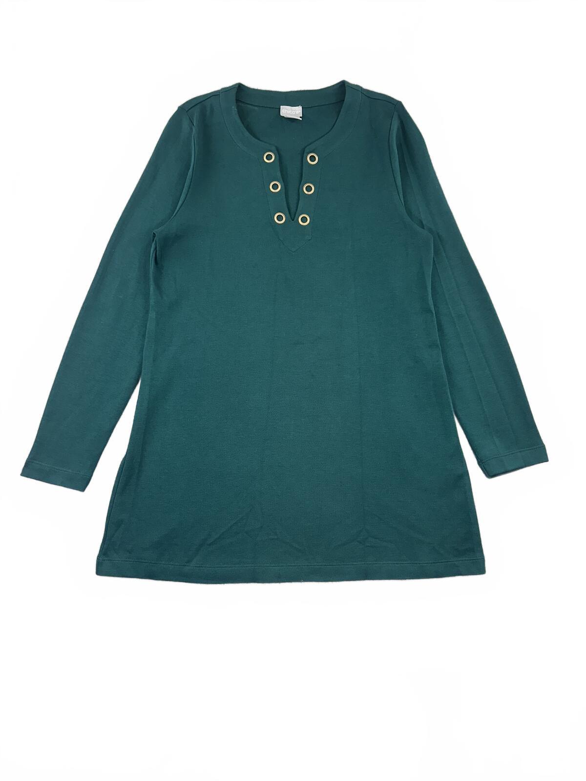 Chico's Teal Long Sleeve Tunic Top with Grommet Neckline Y2K Boho Casual Style