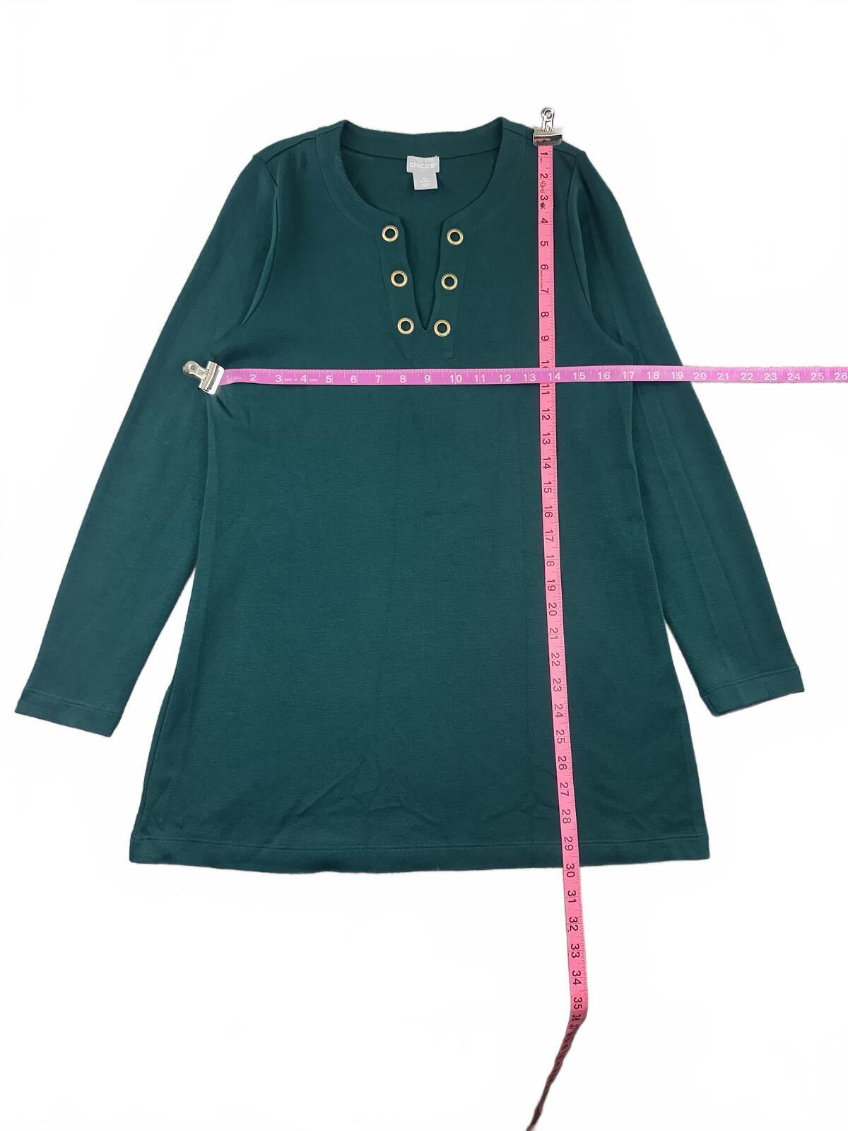 Chico's Teal Long Sleeve Tunic Top with Grommet Neckline Y2K Boho Casual Style