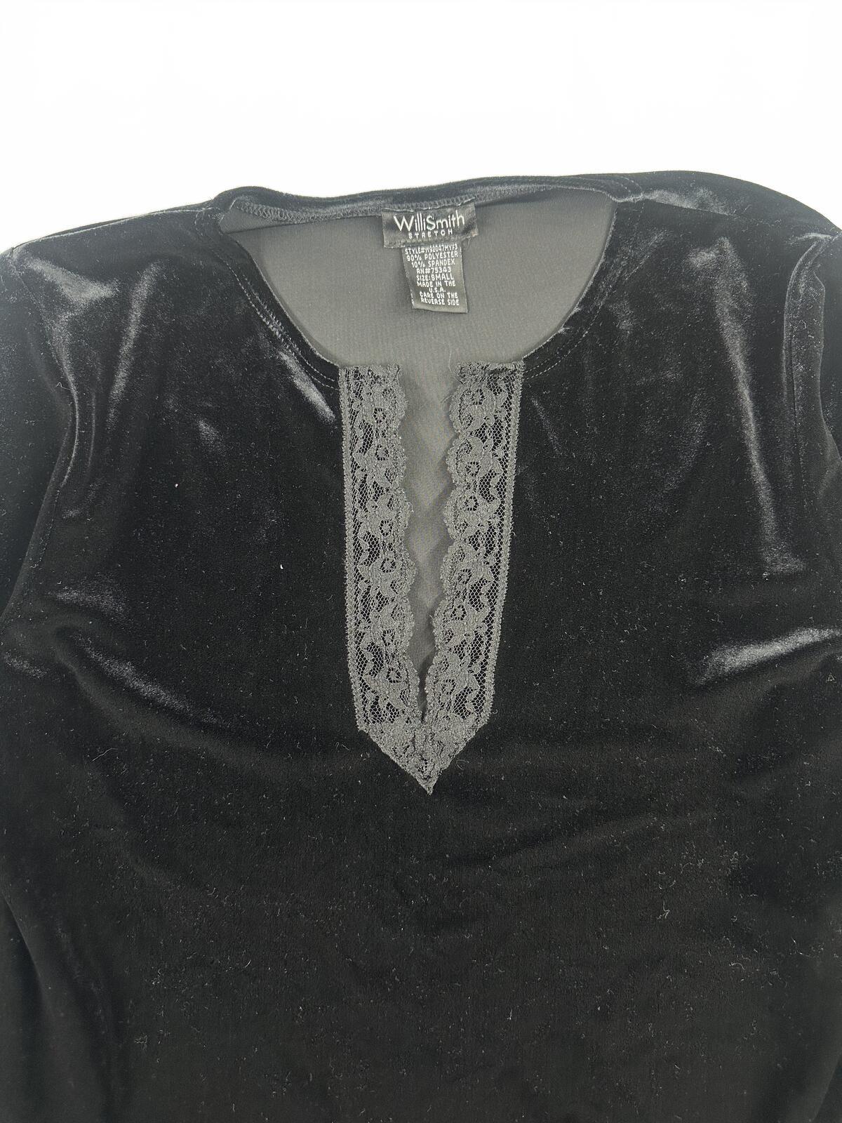 Willi Smith Black Velvet Stretch Top with Lace Trimmed Notch Neckline, Y2K Glam,