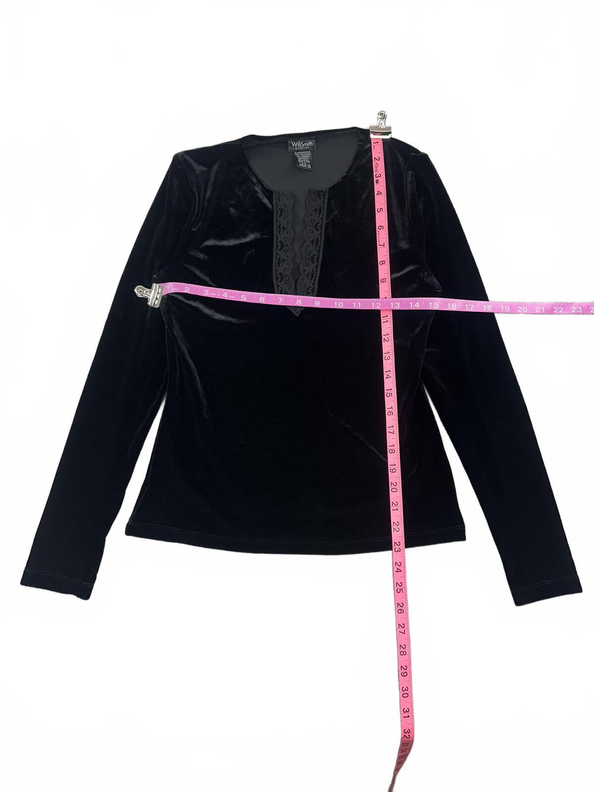 Willi Smith Black Velvet Stretch Top with Lace Trimmed Notch Neckline, Y2K Glam,