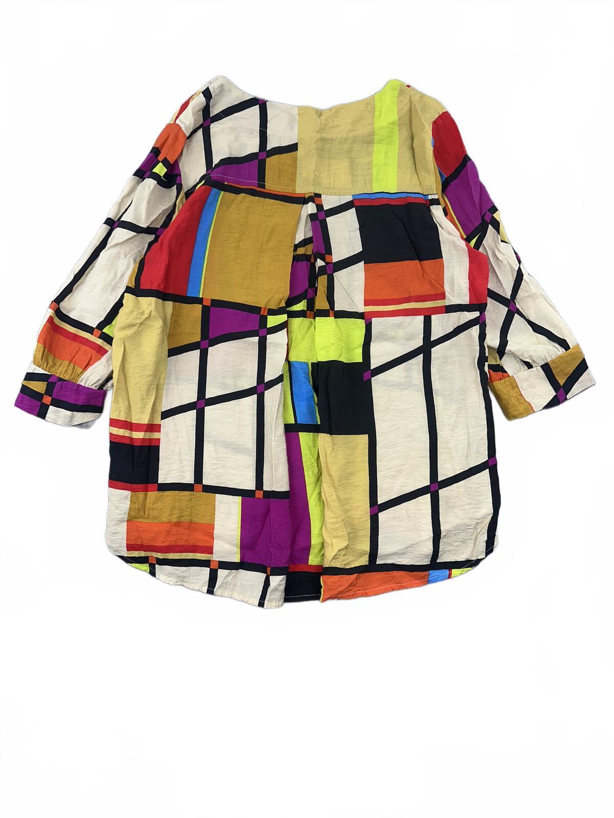 Yushi Multicolor Abstract Geometric Patchwork Top with 3/4 Sleeves Y2K Retro