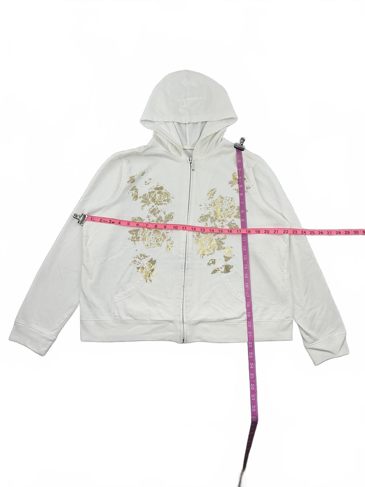 White Zip Up Hoodie with Gold Floral Print Y2K Fairycore Style Relaxed Fit