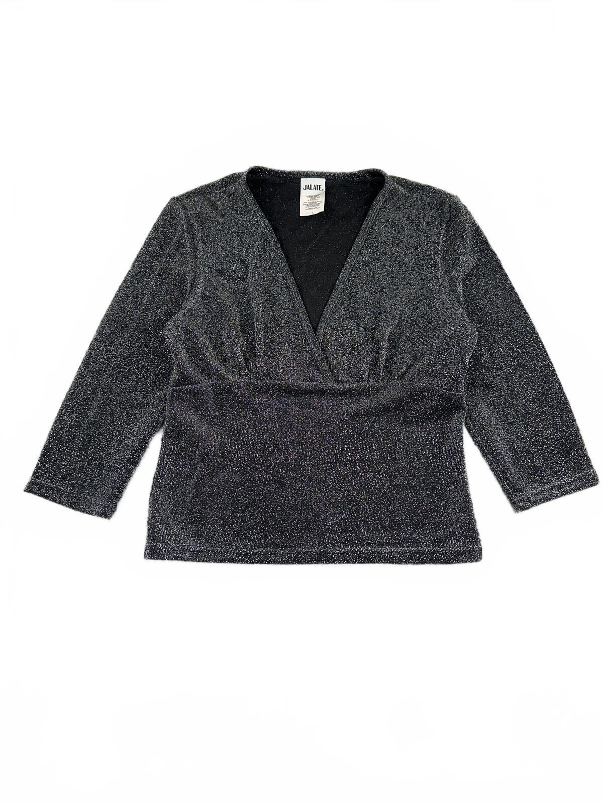 Jalate Y2K Fairycore Sparkly Charcoal Gray Wrap Style Top with V Neck