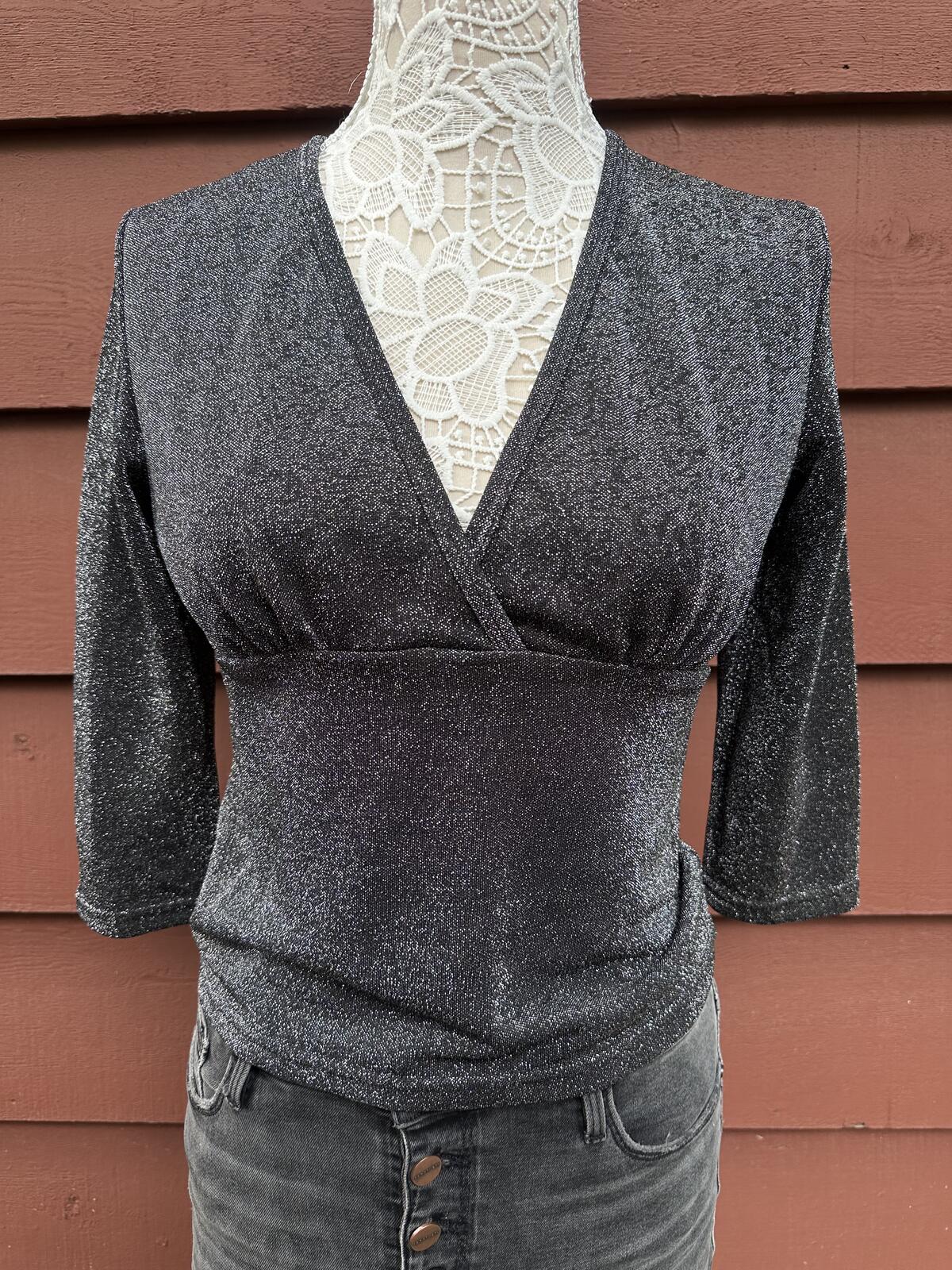 Jalate Y2K Fairycore Sparkly Charcoal Gray Wrap Style Top with V Neck