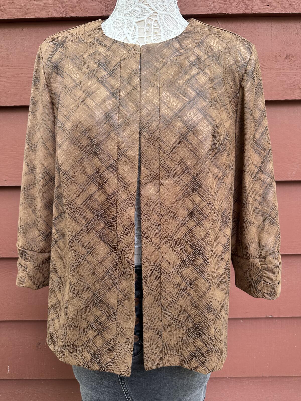 Dressbarn Brown Plaid Jacket Vintage Y2K Inspired Open Front Blazer