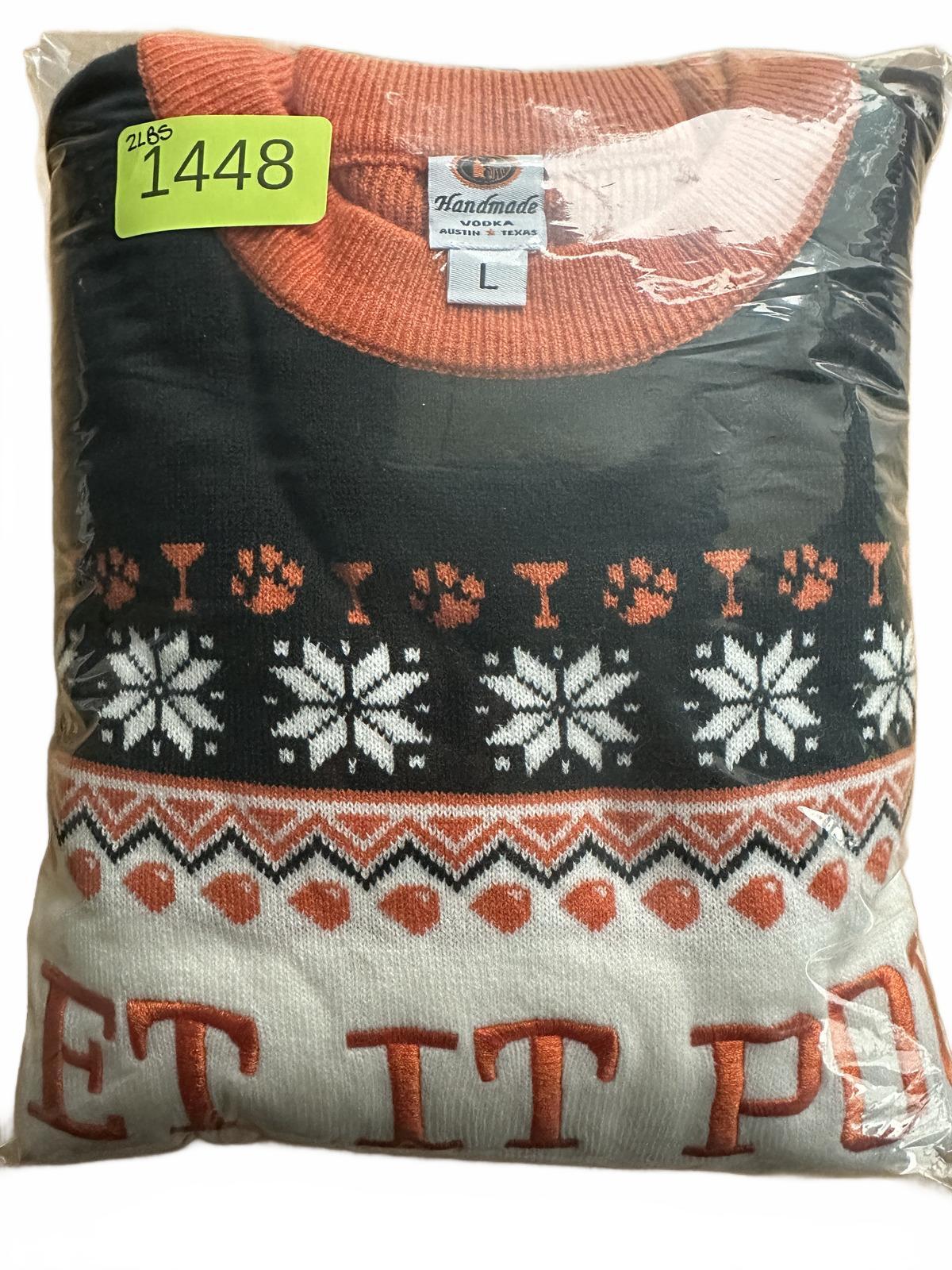 Tito's Handmade Vodka Let It Pour Holiday Sweater Black Orange Knit