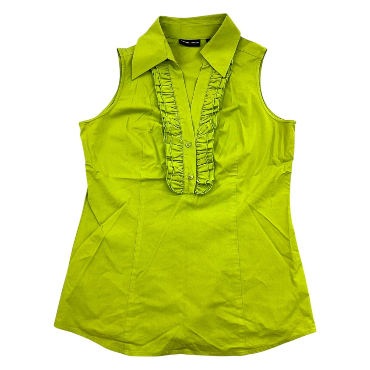 New York & Company Lime Green Ruffle Trim Blouse Y2K Office Siren