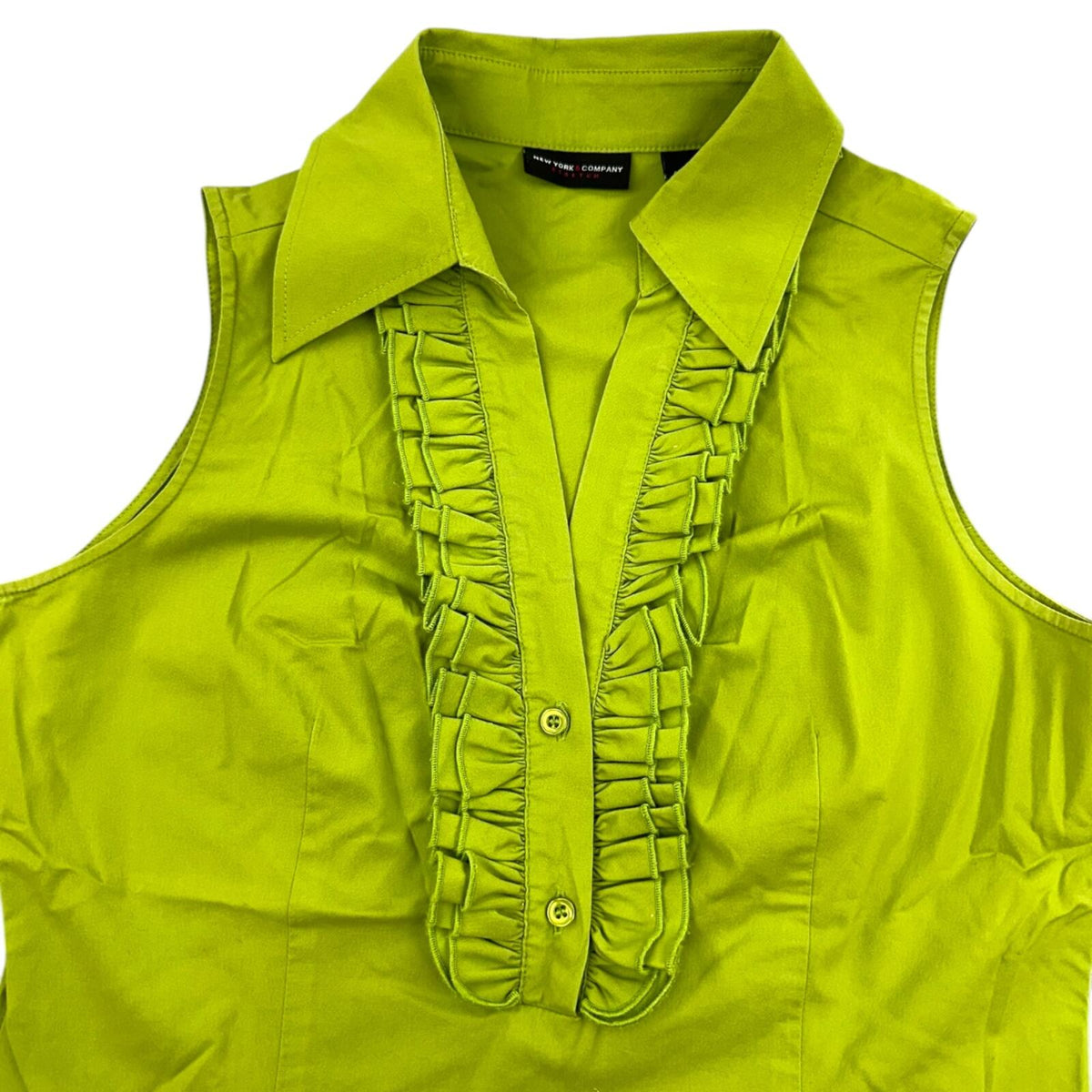 New York & Company Lime Green Ruffle Trim Blouse Y2K Office Siren