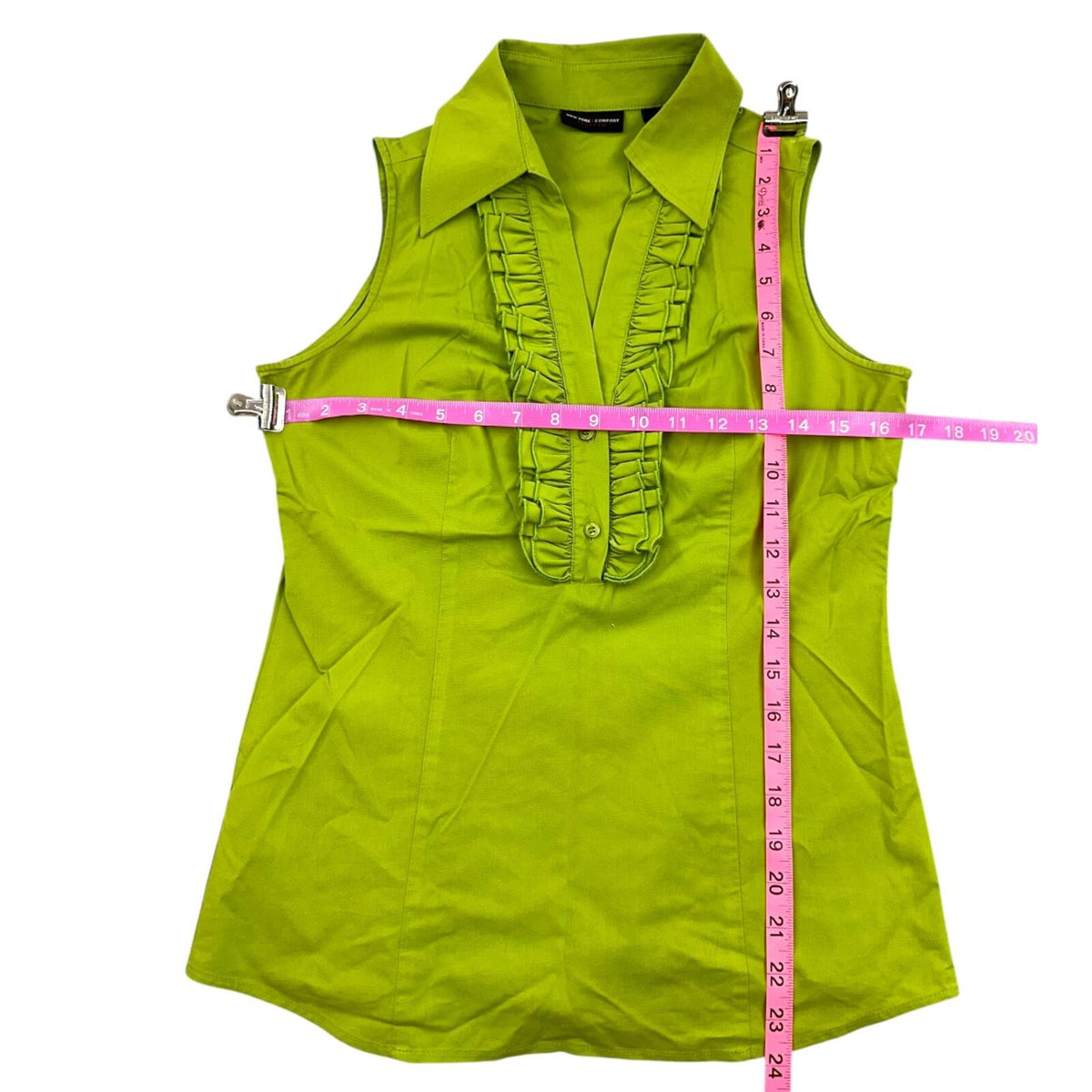 New York & Company Lime Green Ruffle Trim Blouse Y2K Office Siren