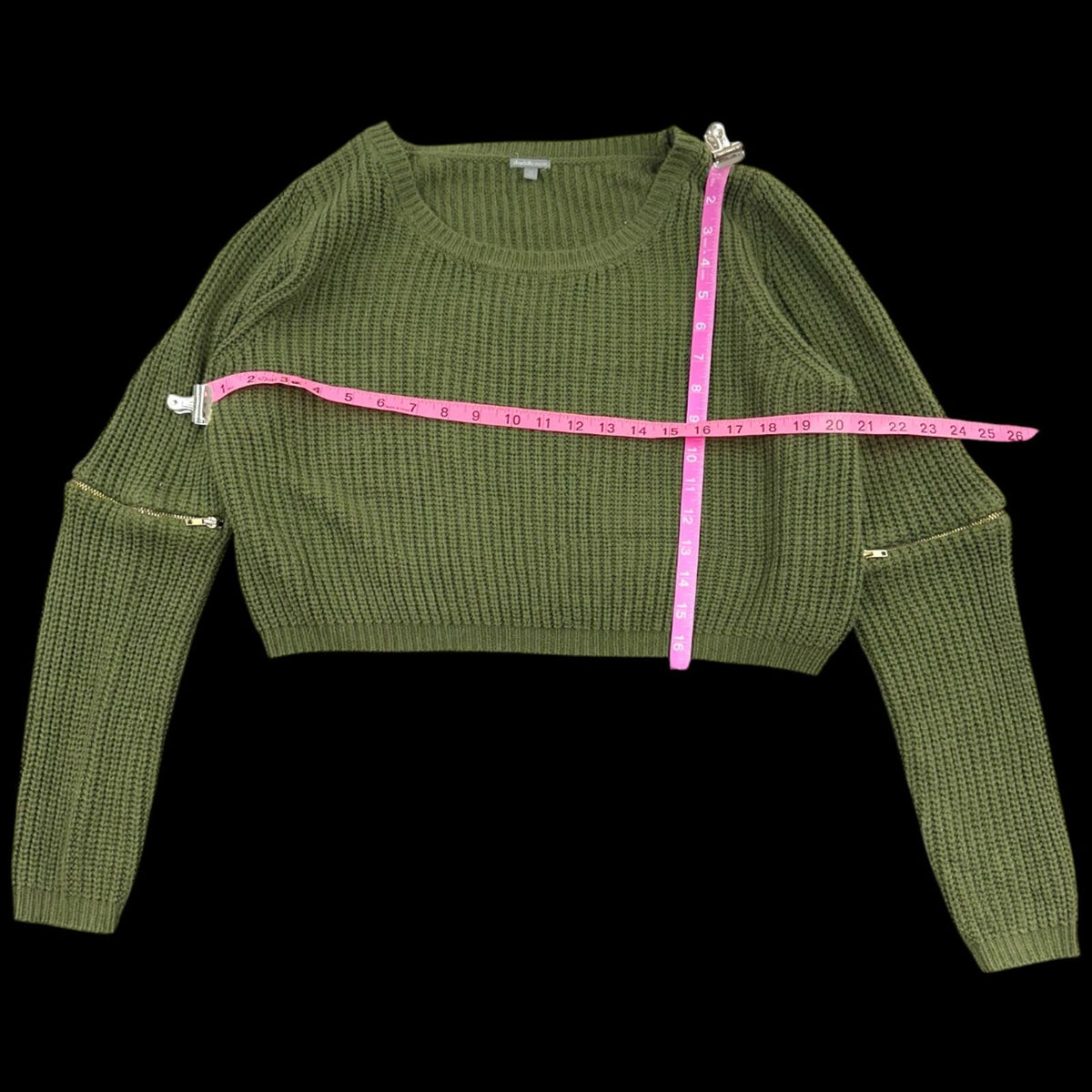 Charlotte Russe Olive Green Cropped Rib Knit Sweater with Sleeve Zippers Y2K