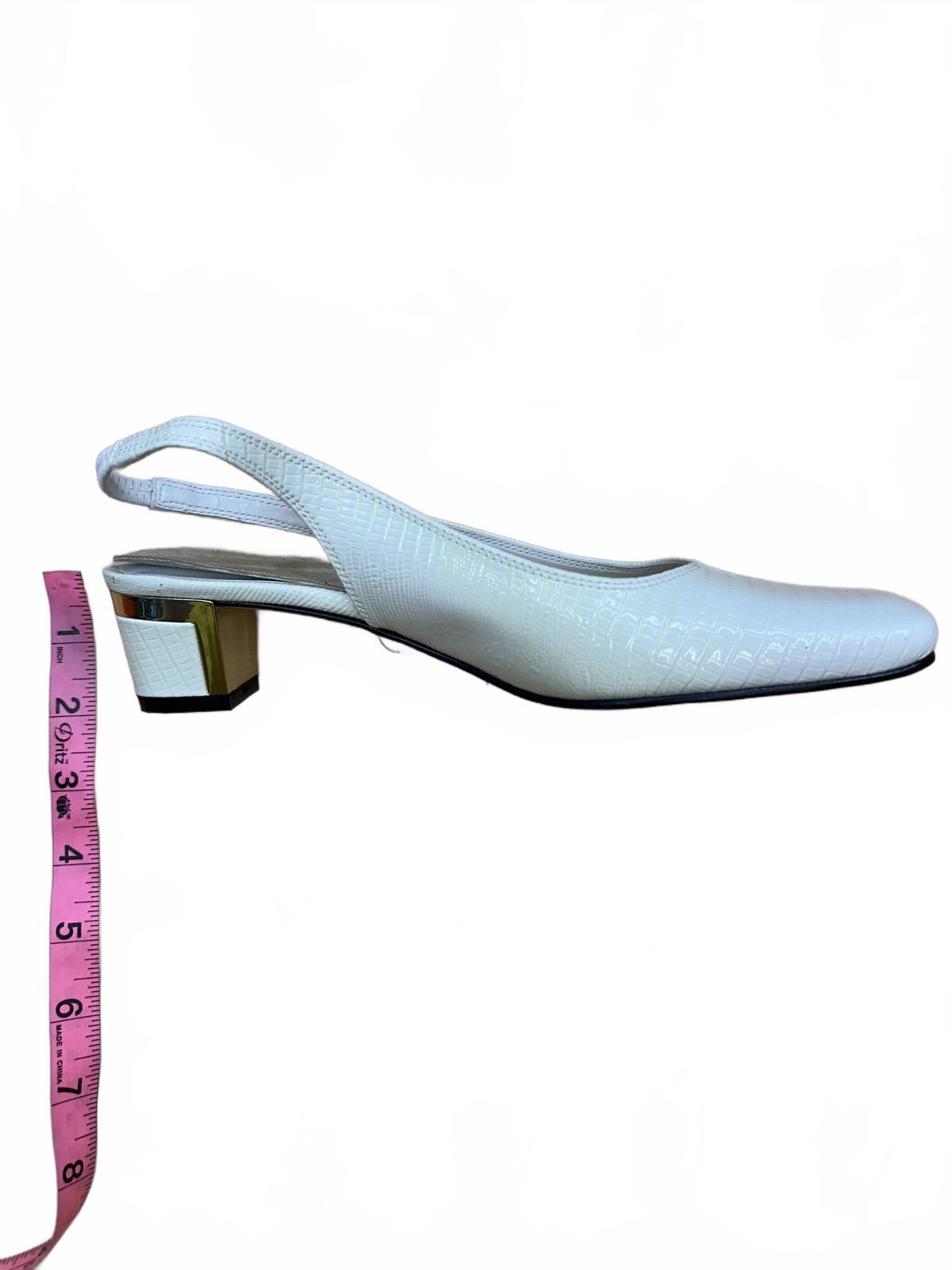 White Croc Embossed Slingback Heels with Gold Block Heel
