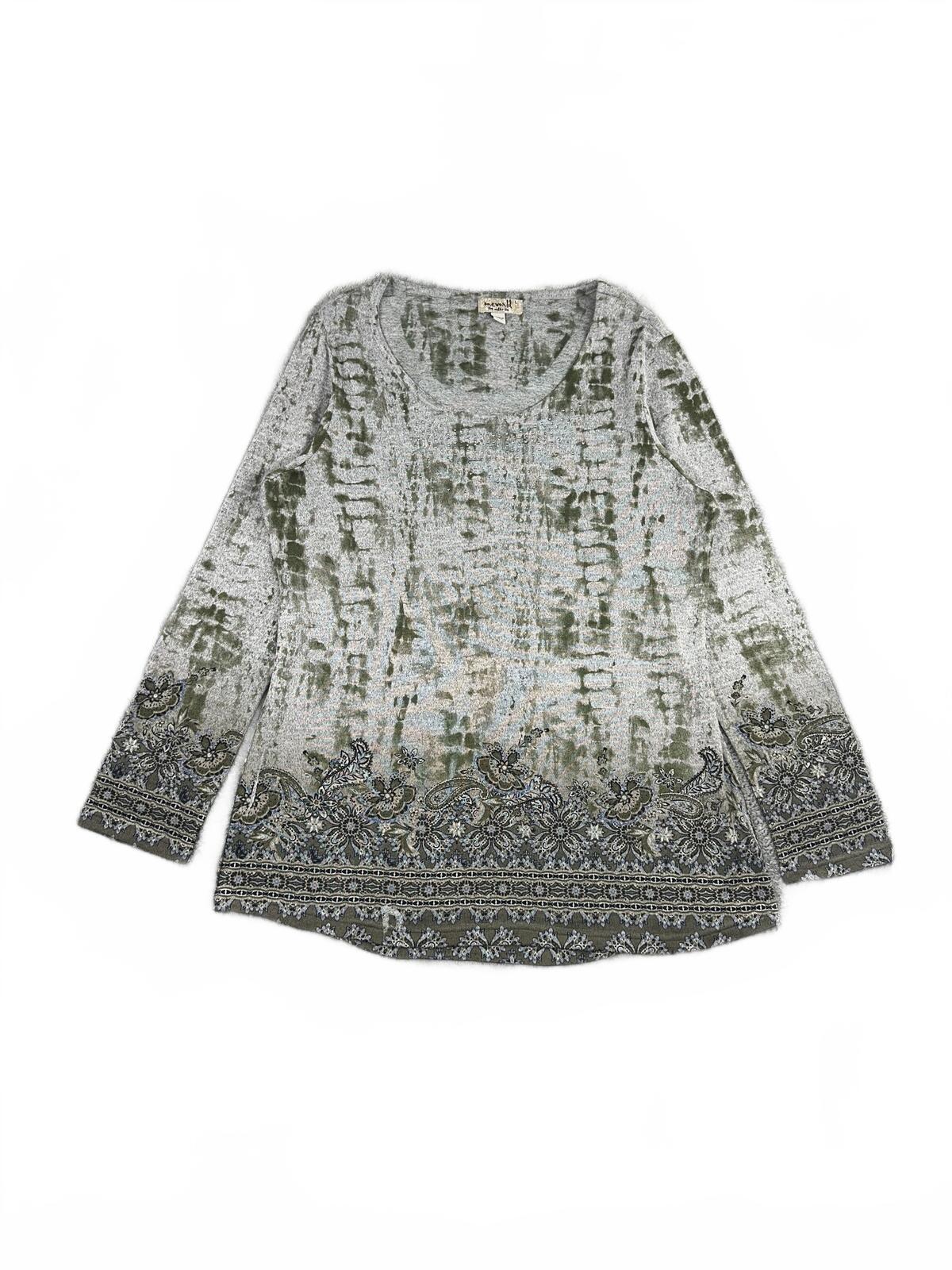 One World Boho Y2K Tunic Top Gray Olive Paisley Long Sleeve Festival