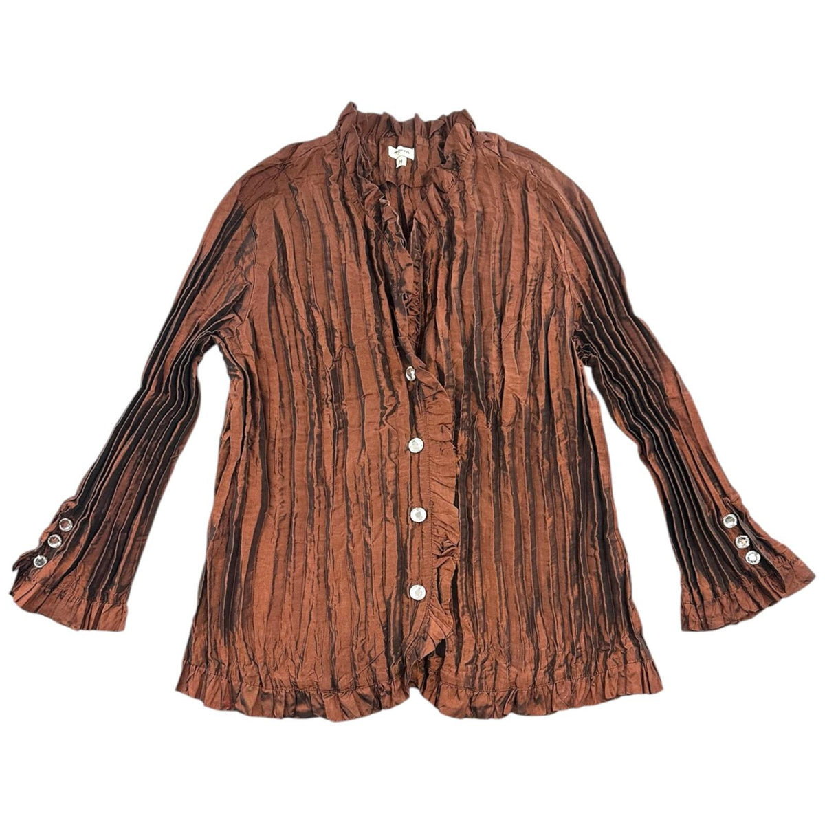 Agora Metallic Copper Accordion Pleated Blouse with Ruffle Trim