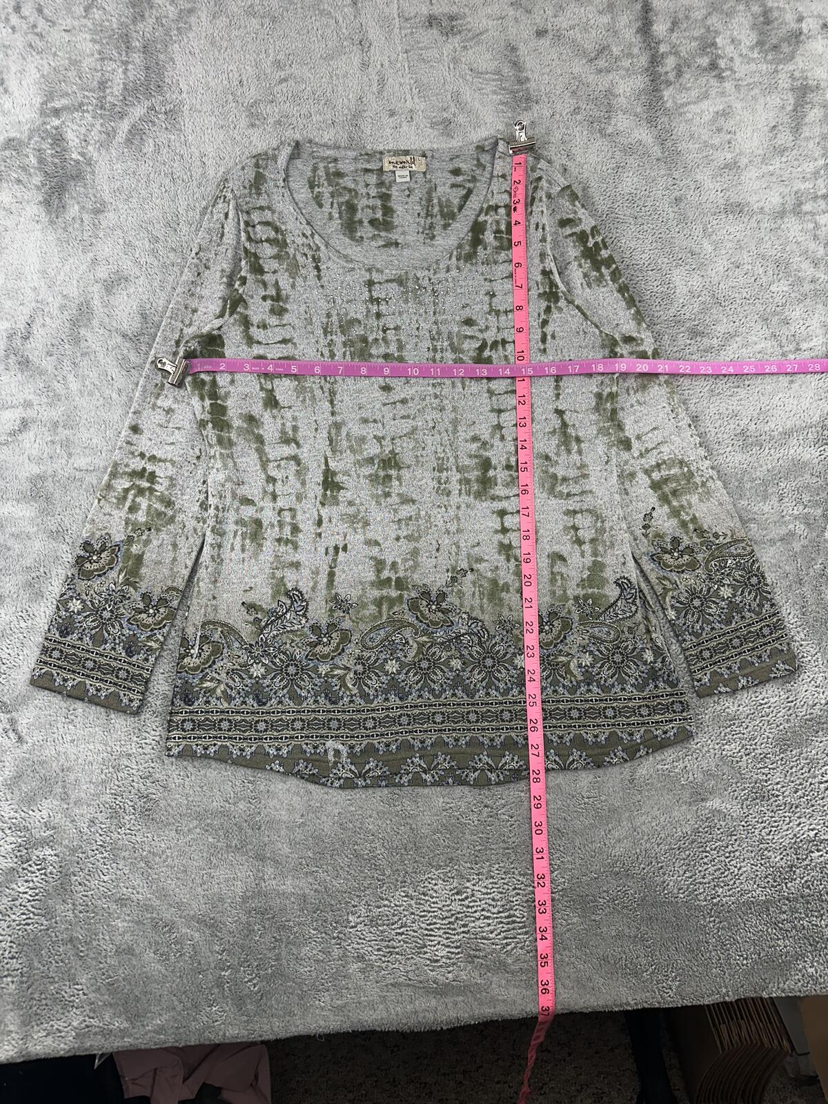 One World Boho Y2K Tunic Top Gray Olive Paisley Long Sleeve Festival