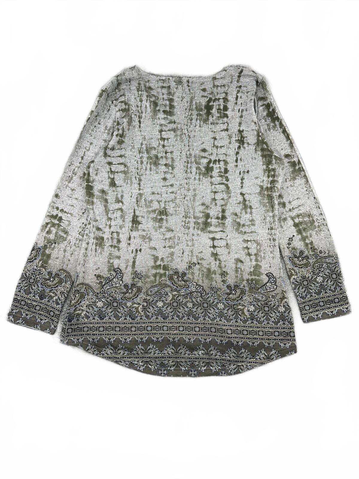 One World Boho Y2K Tunic Top Gray Olive Paisley Long Sleeve Festival
