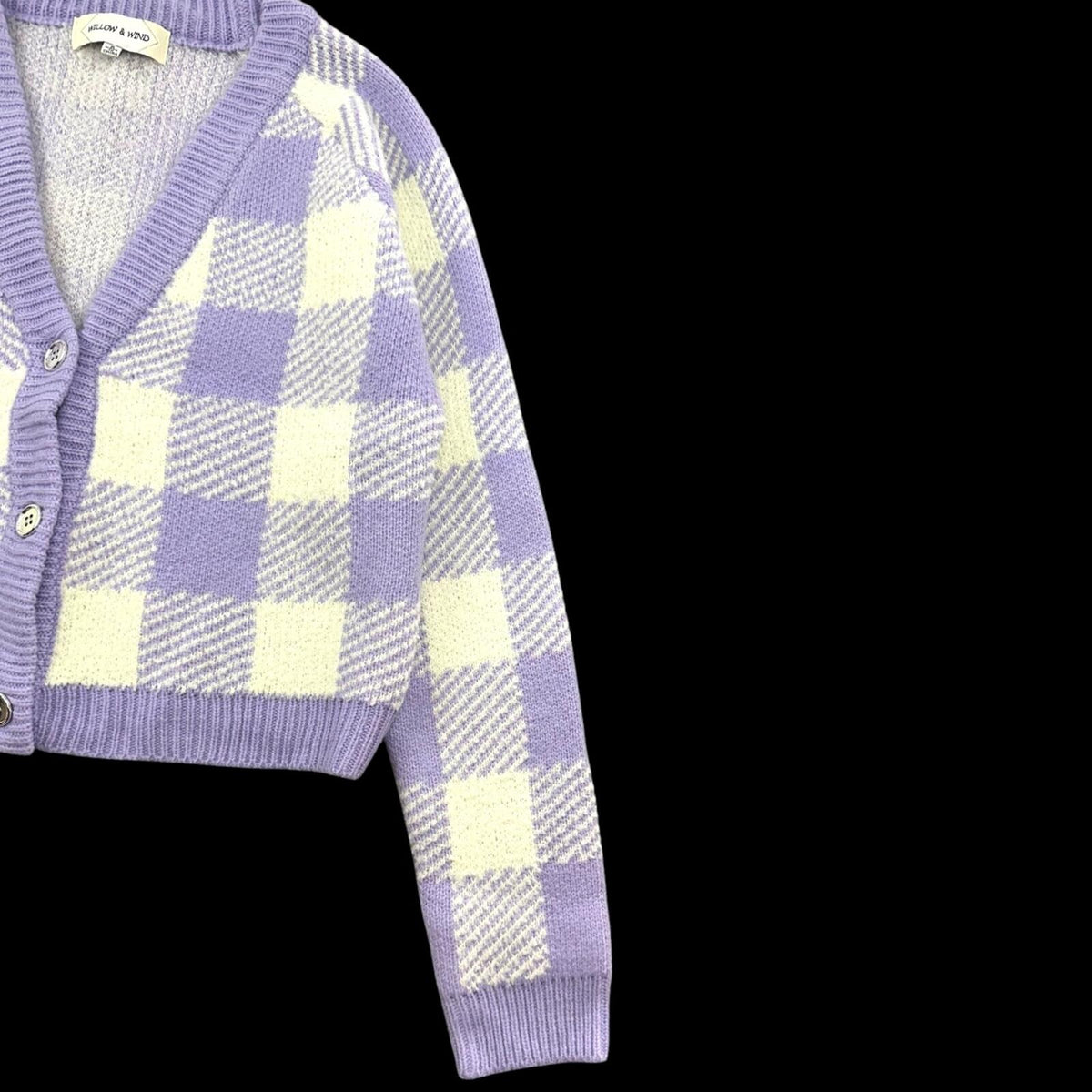 Willow & Wind Lavender White Plaid Cropped Cardigan Sweater Soft Girl Pastel Y2K