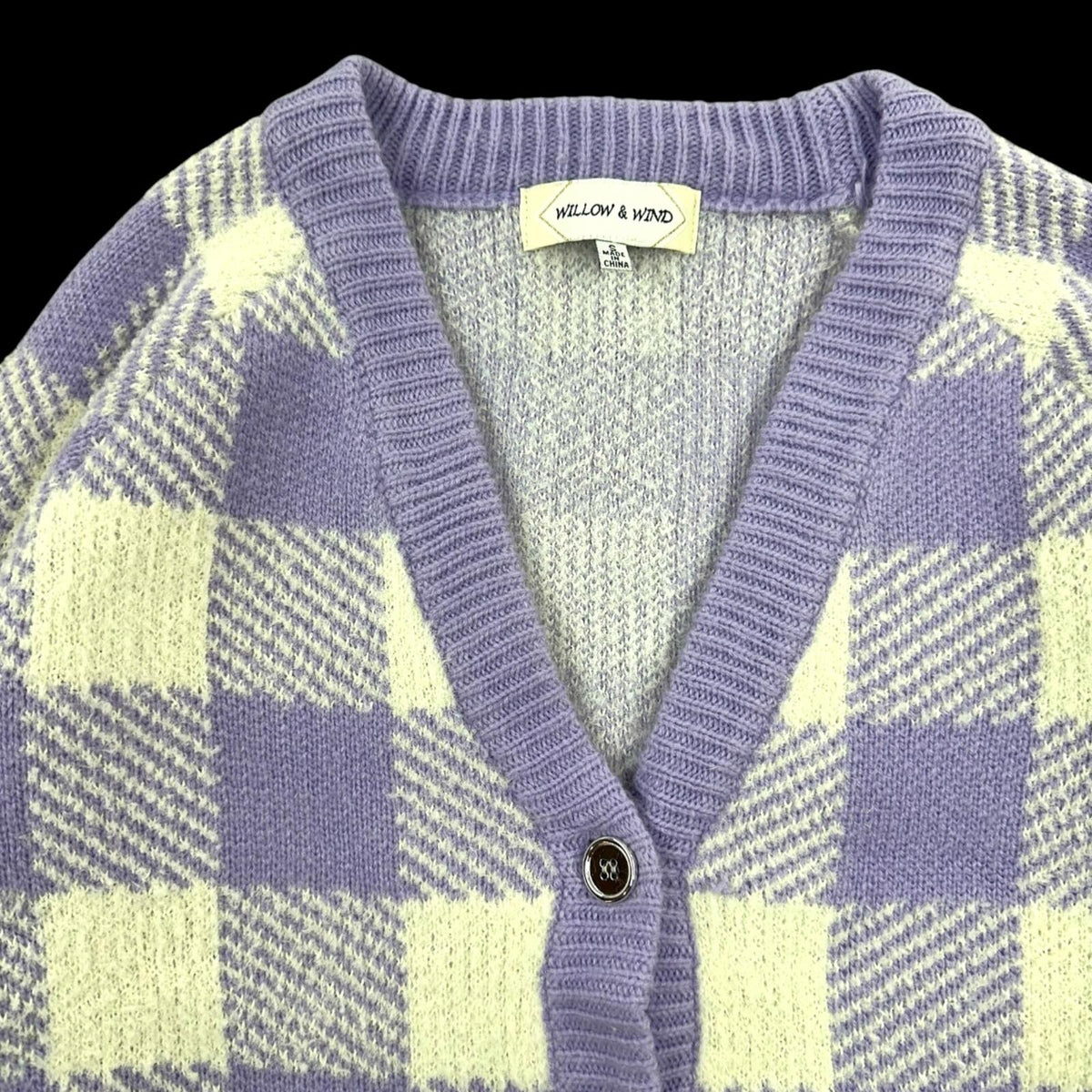 Willow & Wind Lavender White Plaid Cropped Cardigan Sweater Soft Girl Pastel Y2K