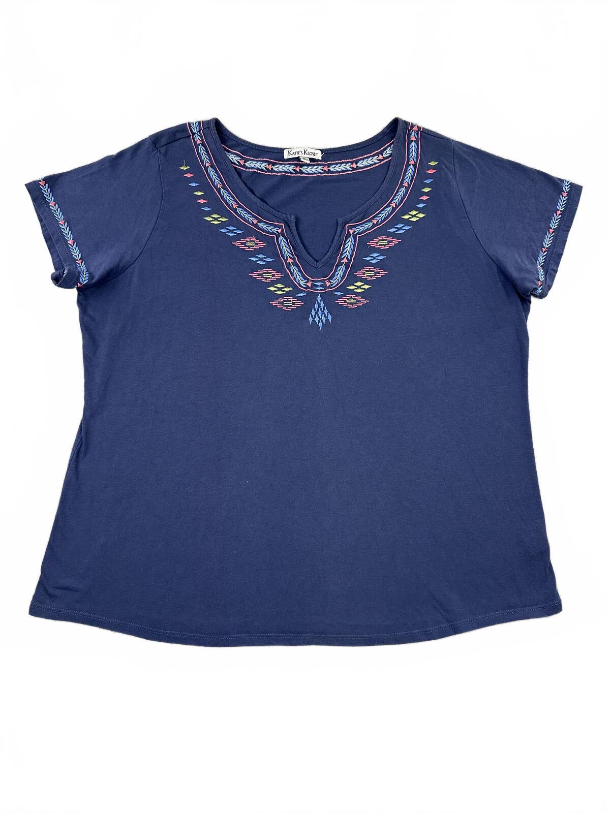 Katie's Kloset Navy Embroidered Y2K Boho Tee
