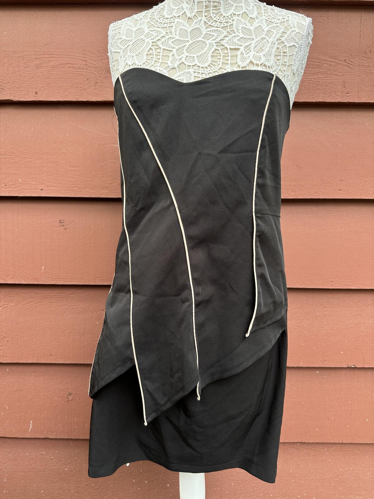 Dots Black Strapless Asymmetrical Mini Dress with Cream Piping Y2K Party