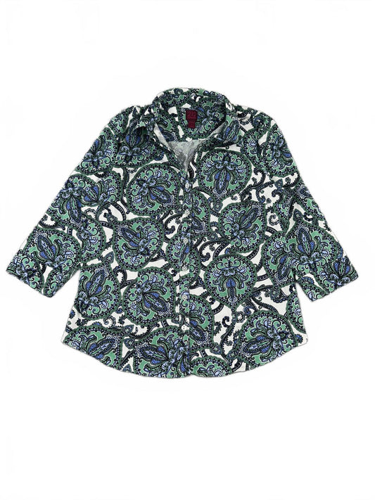 212 Collection Y2K Boho Paisley Print Button Up Blouse in Green and Blue