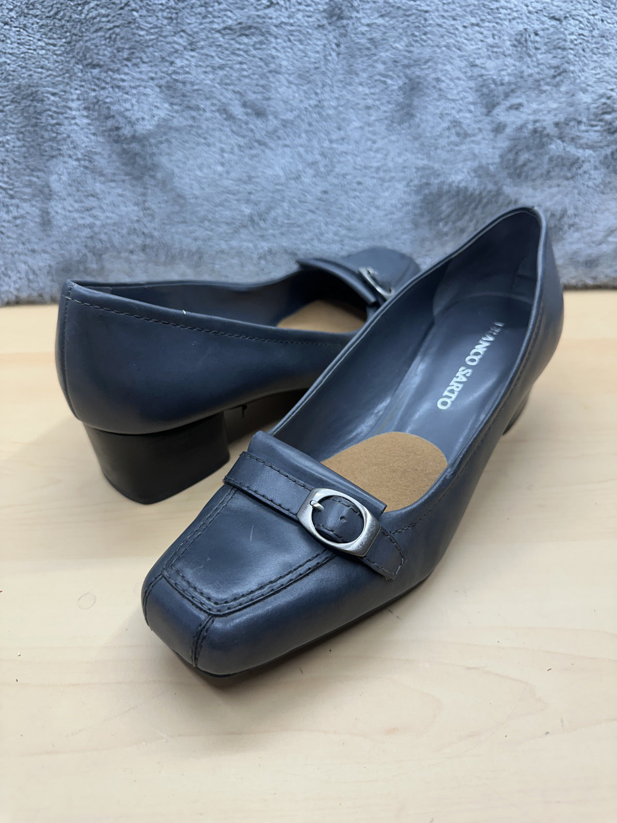 Franco Sarto Classic Black Leather Low Heel Pumps Square Toe Buckle Detail