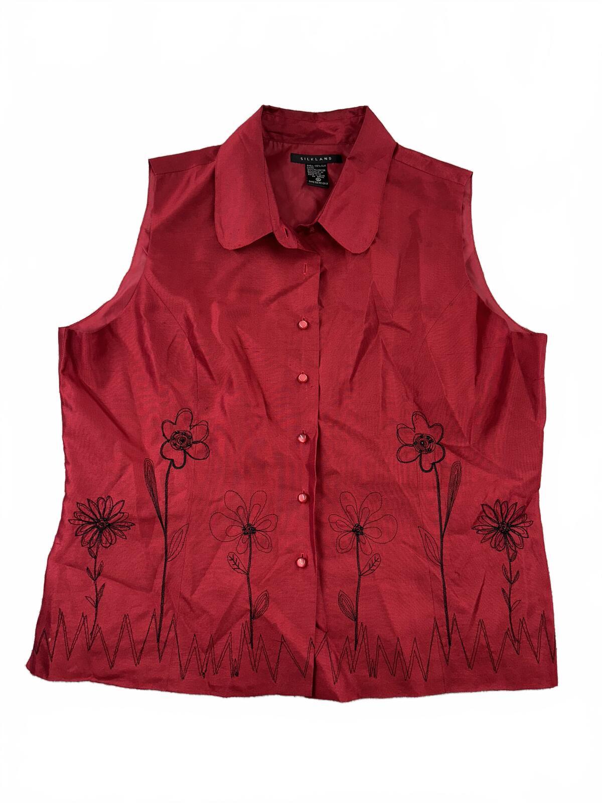 Silkland Red Silk Sleeveless Button Front Vest Blouse with Floral Embroidery Y2K