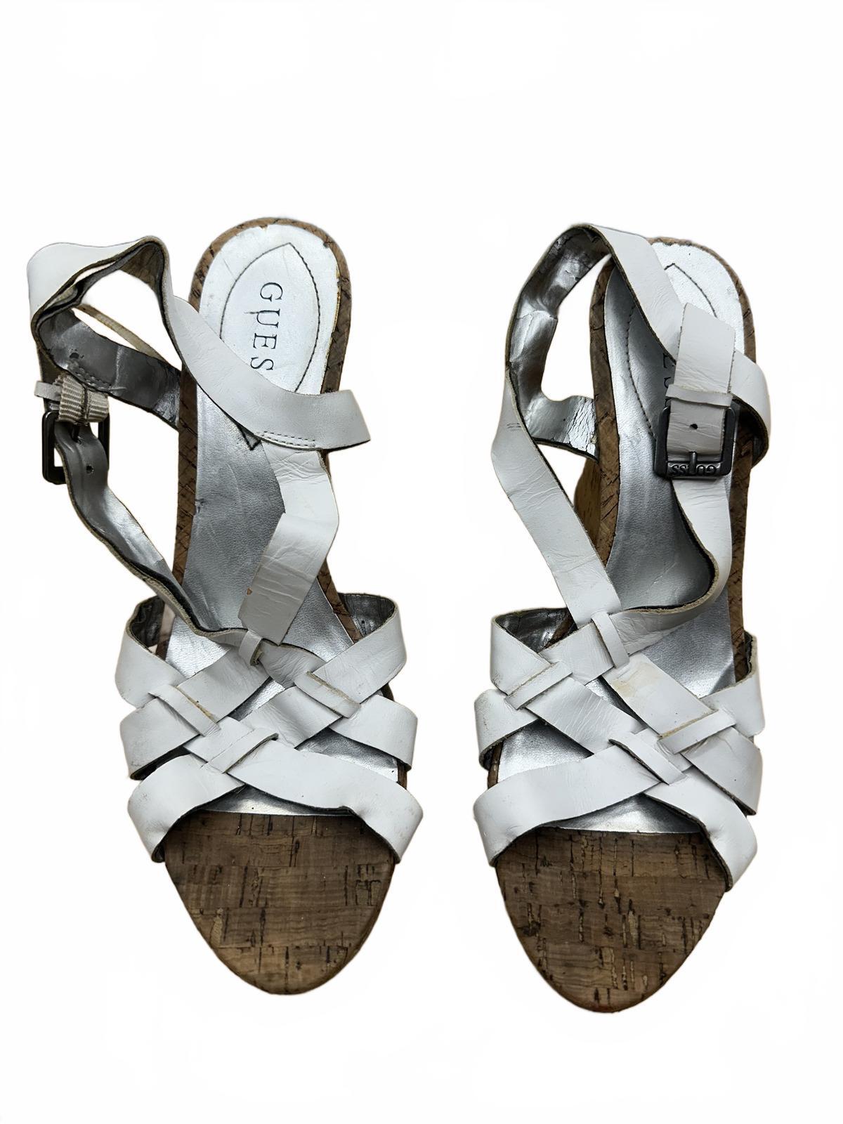GUESS White Leather Wedge Sandals with Cork Heel