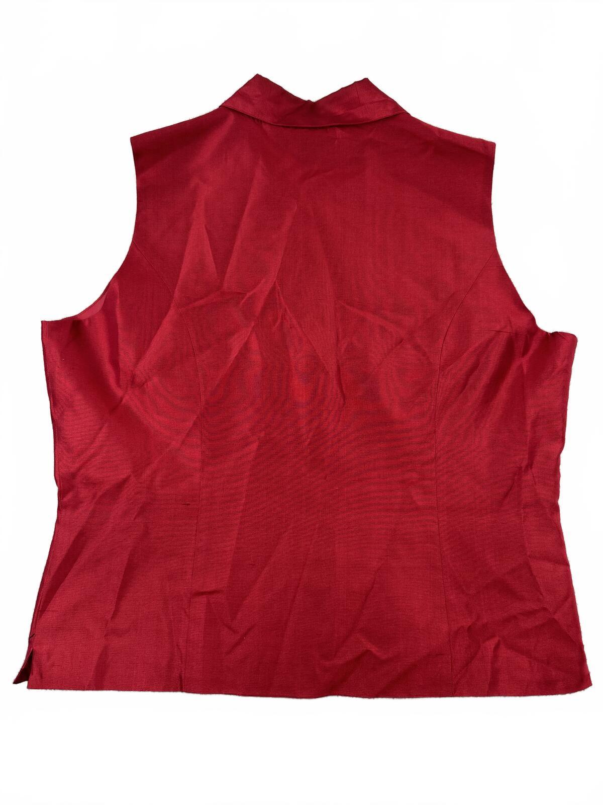Silkland Red Silk Sleeveless Button Front Vest Blouse with Floral Embroidery Y2K