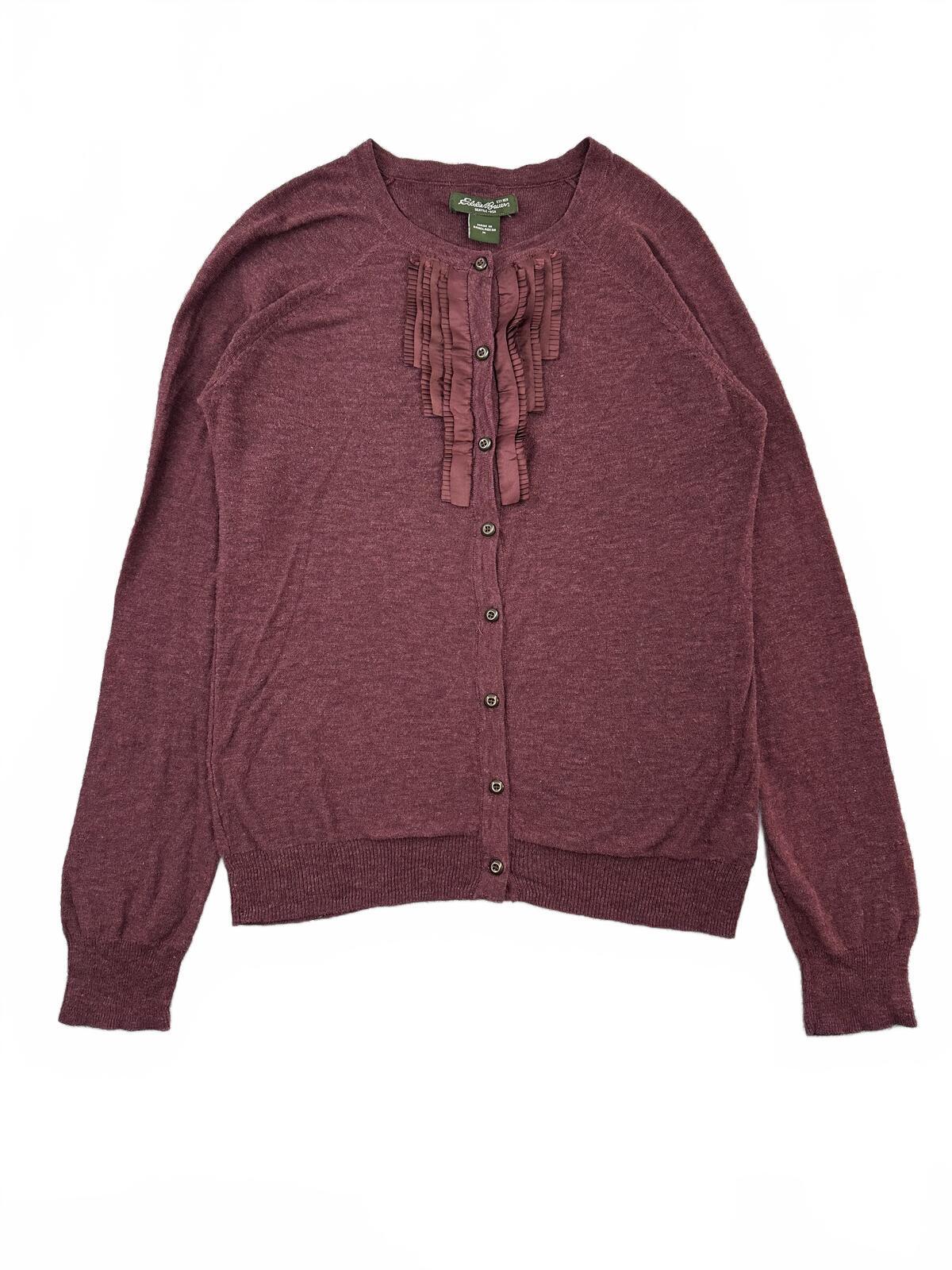 Eddie Bauer Burgundy Ruffle Trim Button Front Cardigan Sweater Knit