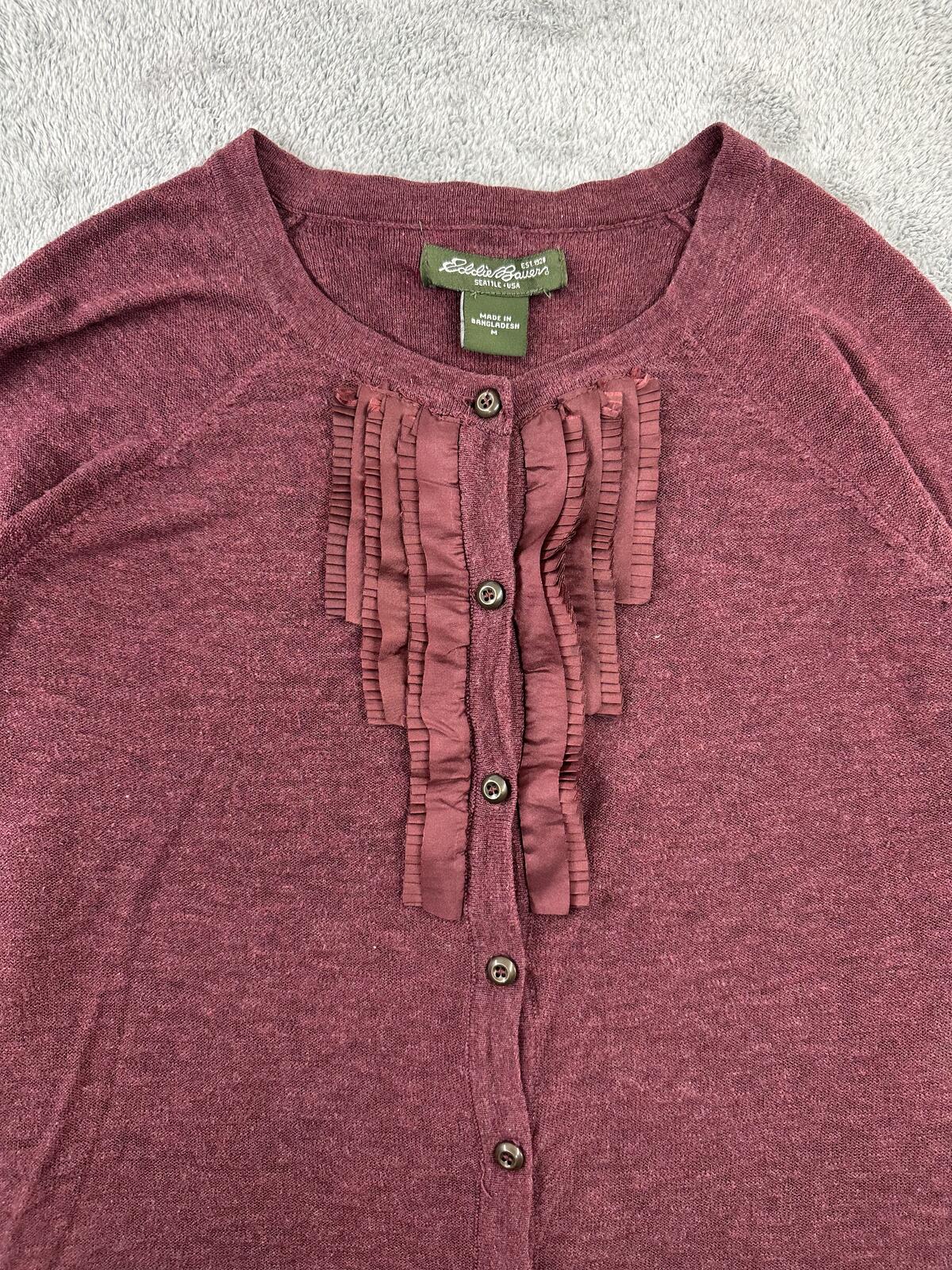 Eddie Bauer Burgundy Ruffle Trim Button Front Cardigan Sweater Knit