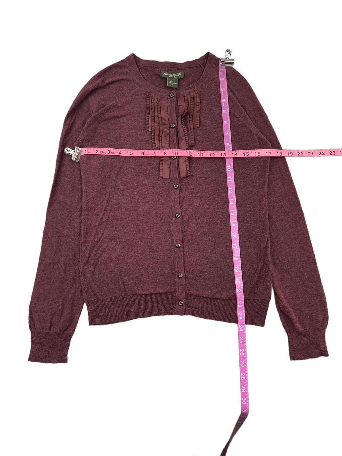 Eddie Bauer Burgundy Ruffle Trim Button Front Cardigan Sweater Knit