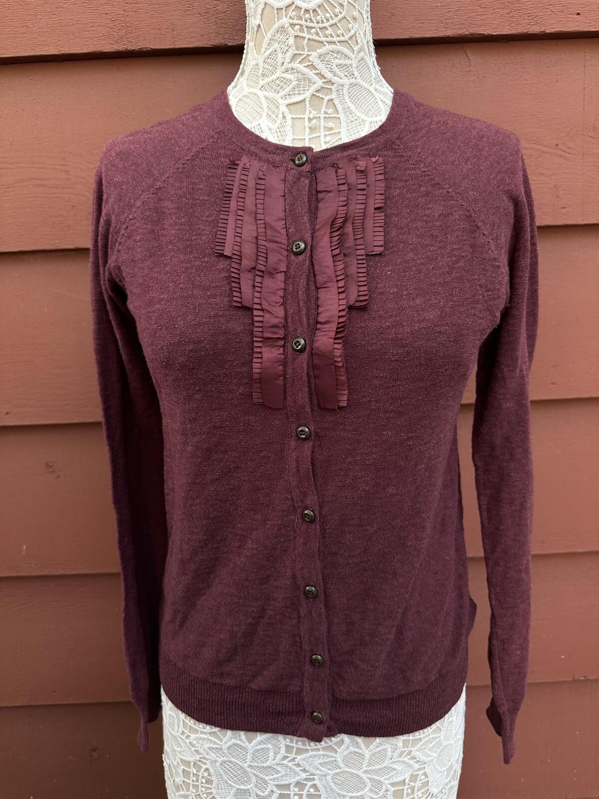 Eddie Bauer Burgundy Ruffle Trim Button Front Cardigan Sweater Knit
