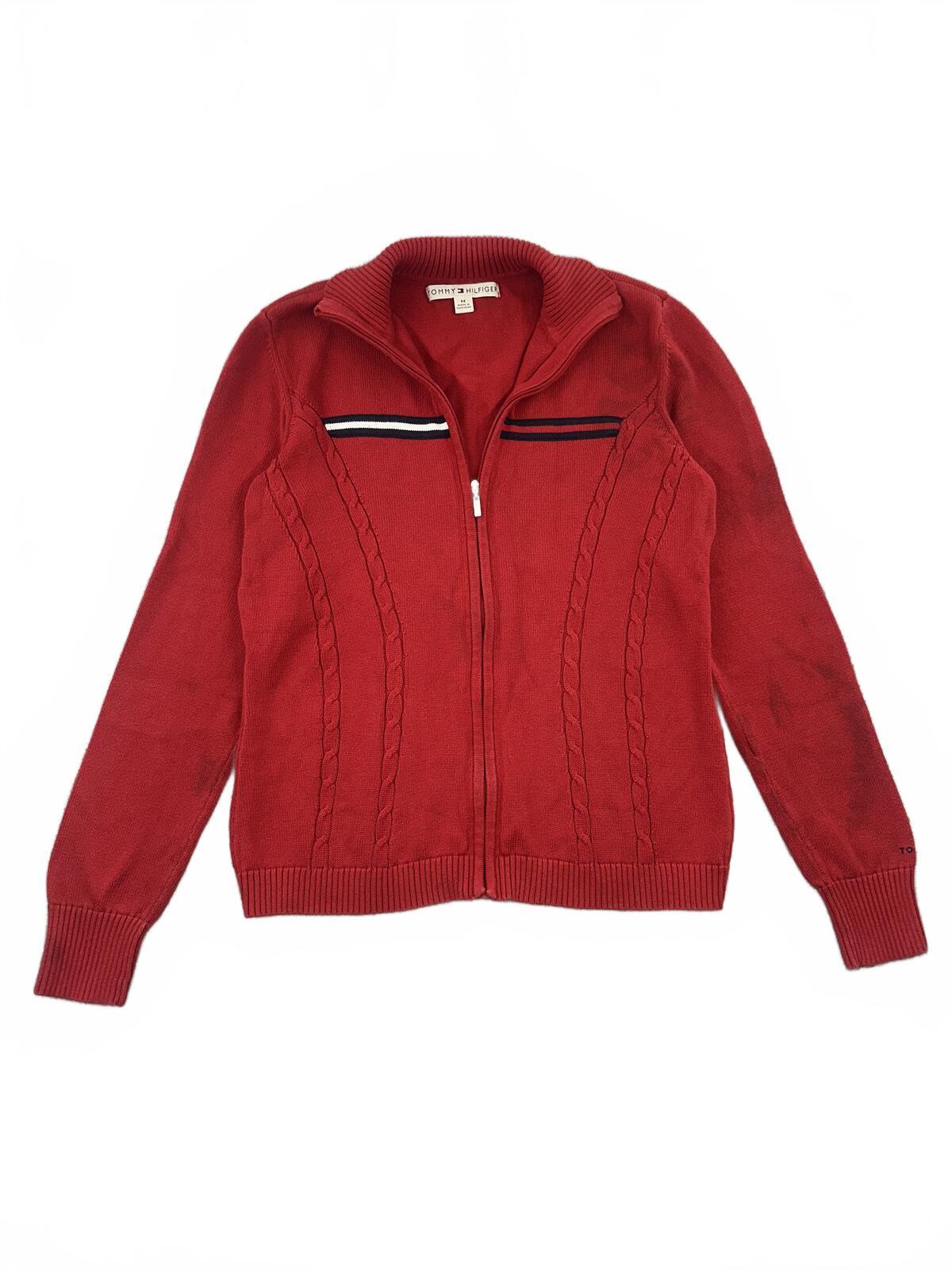 Tommy Hilfiger Red Zip Front Knit Cardigan with Sporty Chest Stripe Y2K Retro
