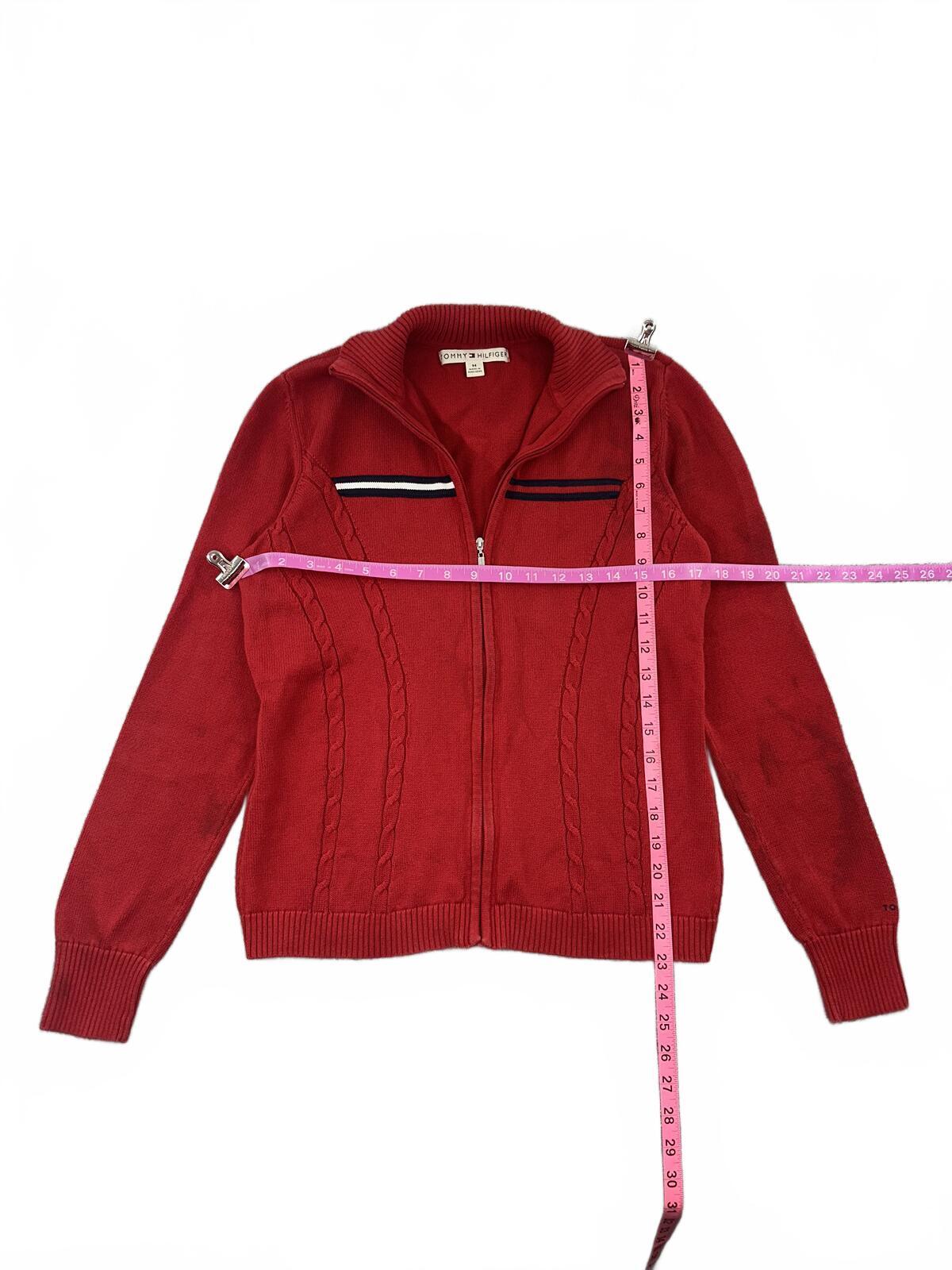 Tommy Hilfiger Red Zip Front Knit Cardigan with Sporty Chest Stripe Y2K Retro