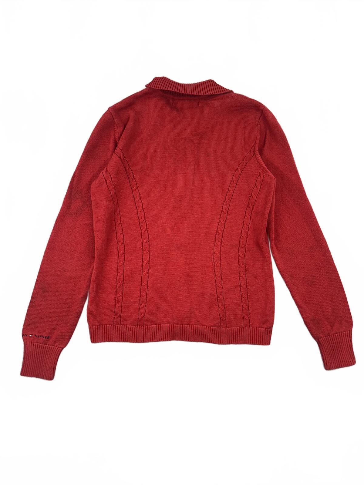 Tommy Hilfiger Red Zip Front Knit Cardigan with Sporty Chest Stripe Y2K Retro