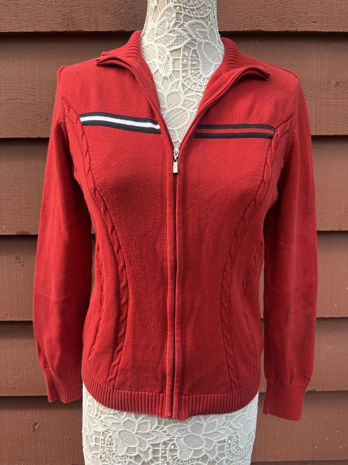 Tommy Hilfiger Red Zip Front Knit Cardigan with Sporty Chest Stripe Y2K Retro