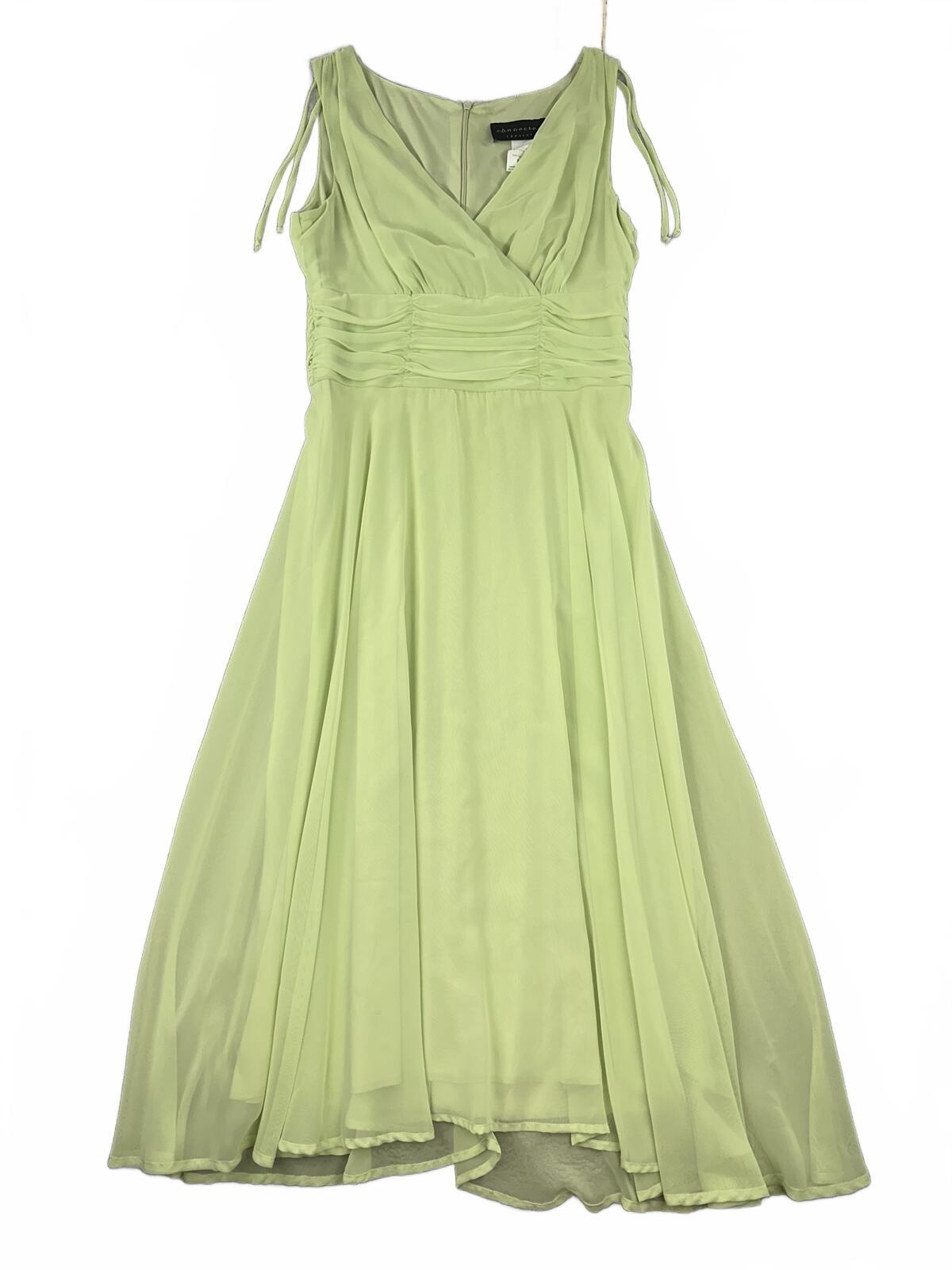 Connected Apparel Sage Green Chiffon Dress with Ruched Waist and Tie Shoulder
