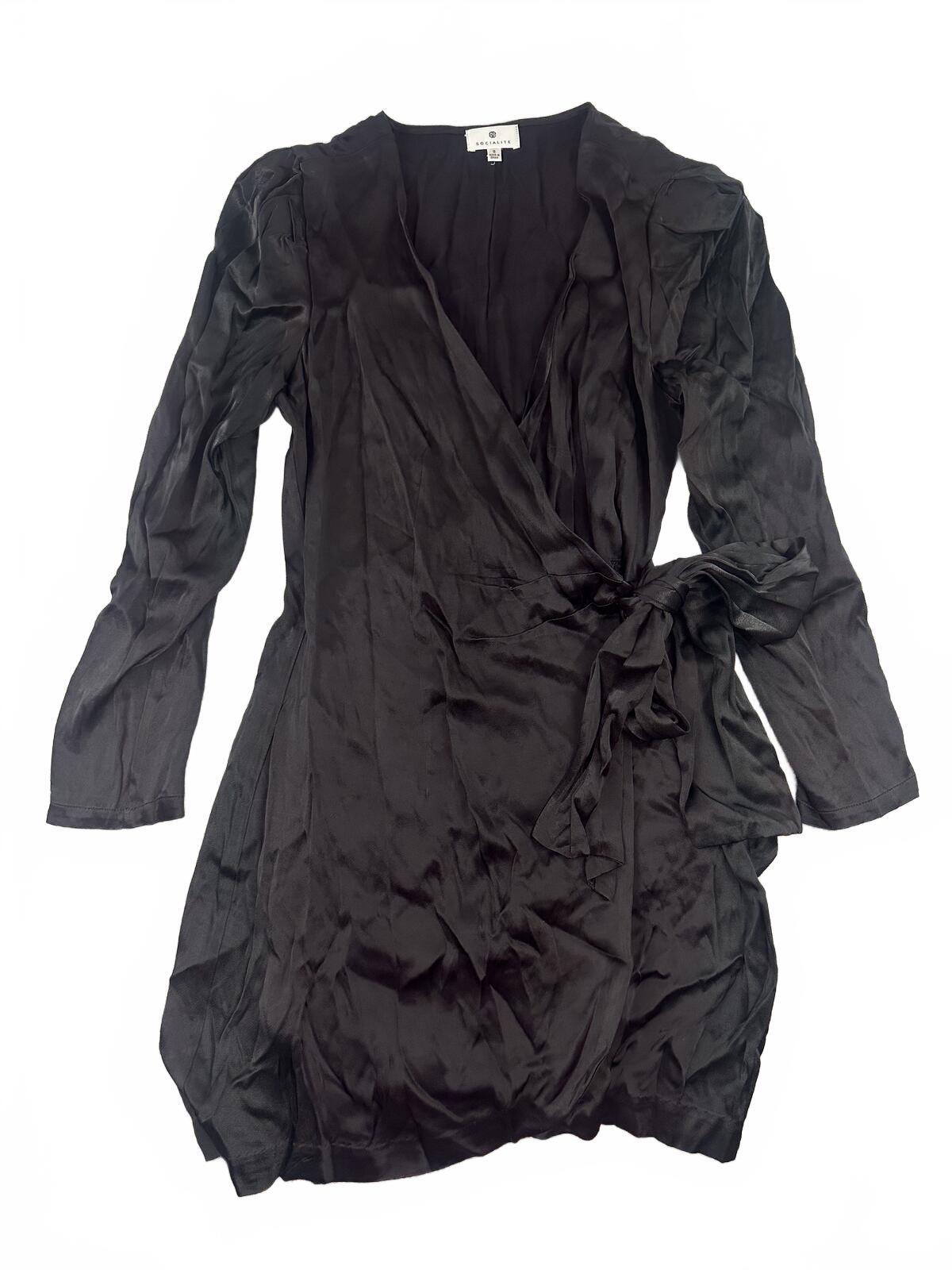 Socialite Black Viscose Wrap Dress Long Sleeve Mini Y2K Party Chic