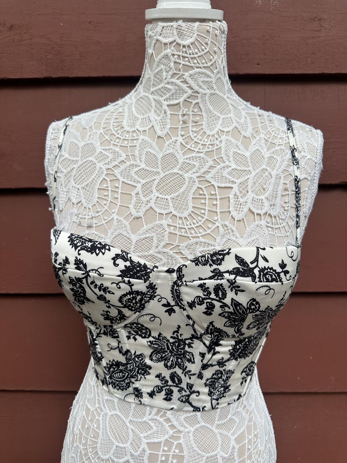 Y2K Fairycore Bustier Top Black Floral Lace Up Back Adjustable Straps
