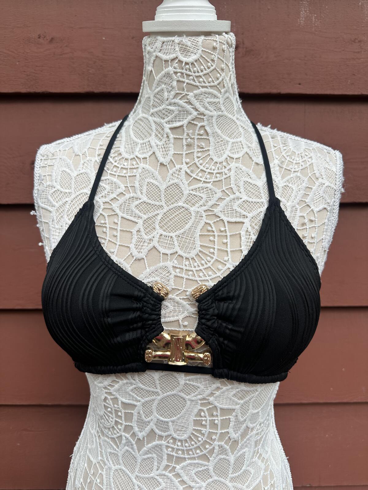 NWT ZAFUL Black Lace Trim Halter Bikini Top with Gold Detail Y2K Fairycore Swim