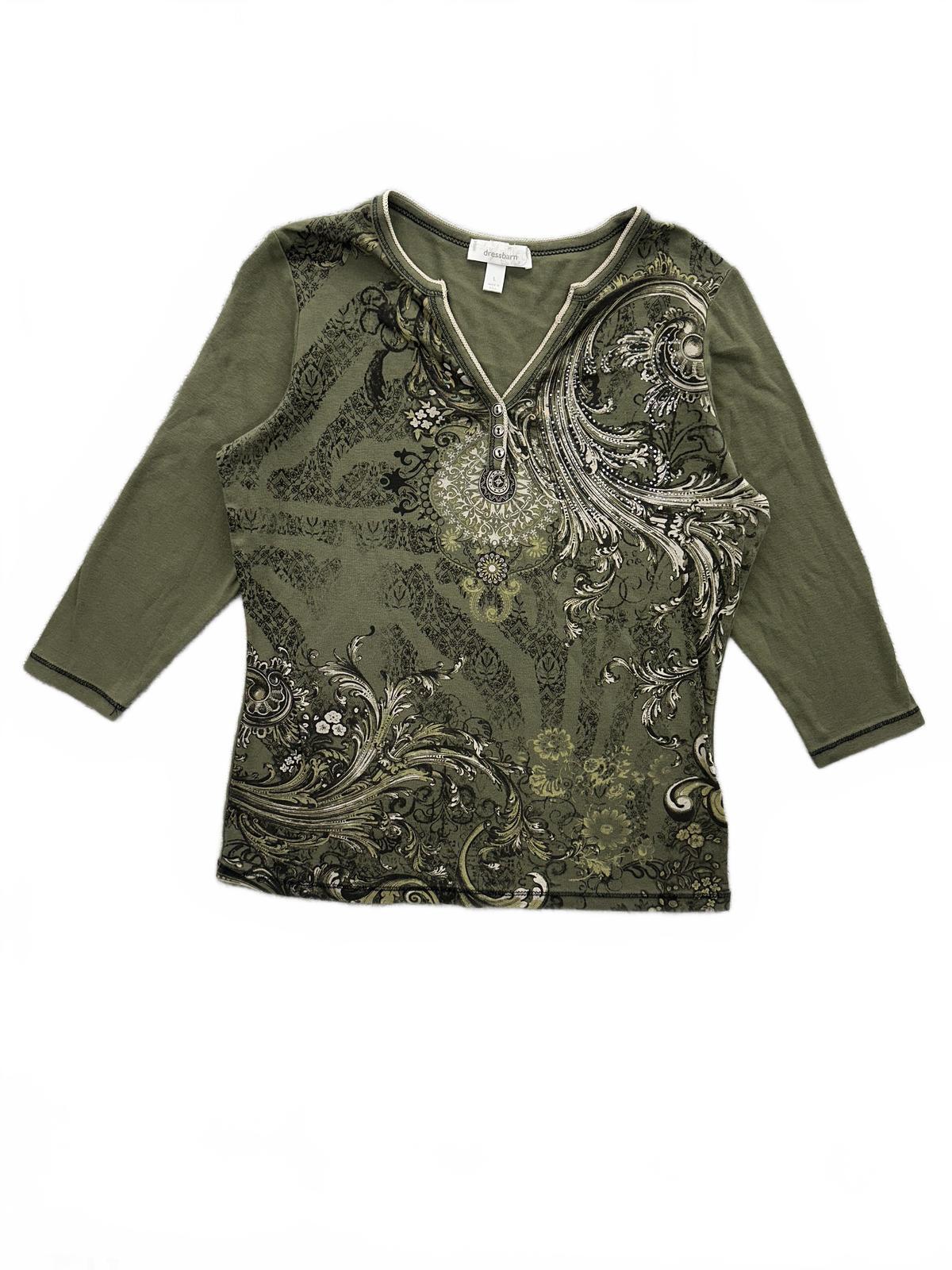 dressbarn Vintage Inspired Olive Green Ornate Print 3/4 Sleeve Top