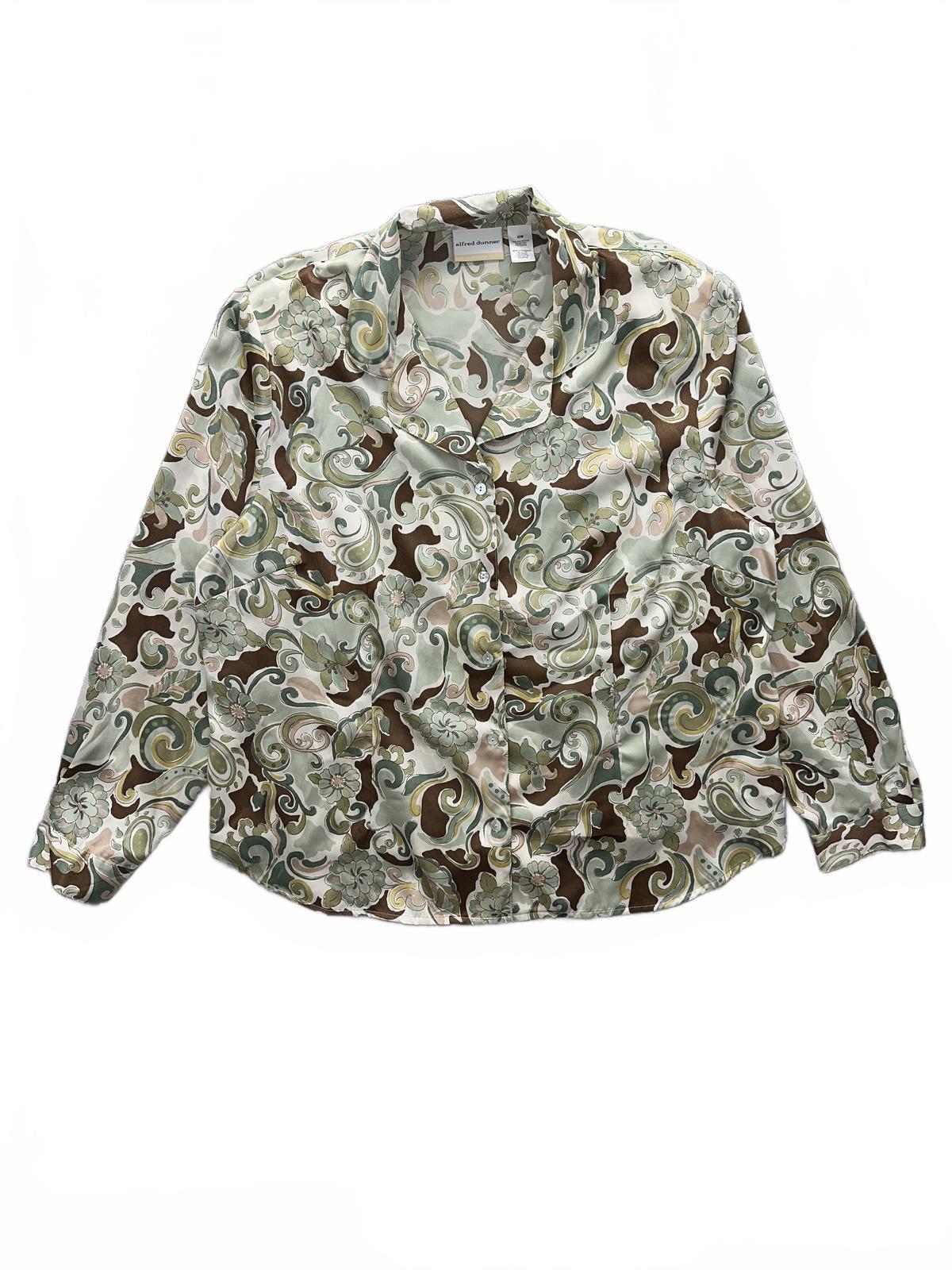 Alfred Dunner Vintage Satin Blouse in Green Brown Floral Paisley