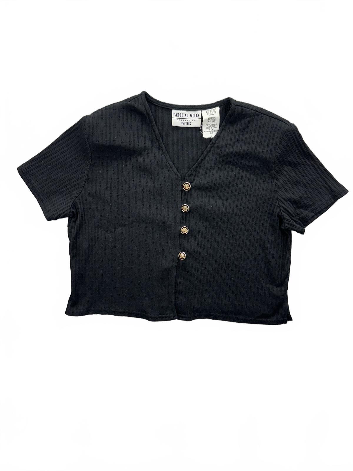 Caroline Wells Collection Petites Black Cropped Button Up Top with Gold Buttons