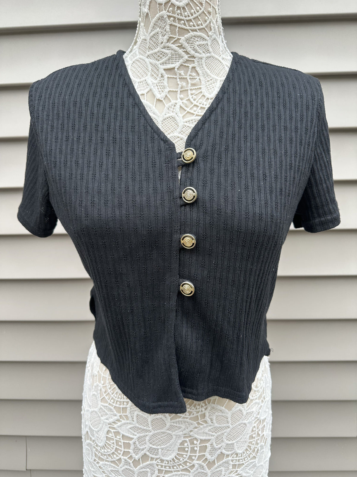 Caroline Wells Collection Petites Black Cropped Button Up Top with Gold Buttons