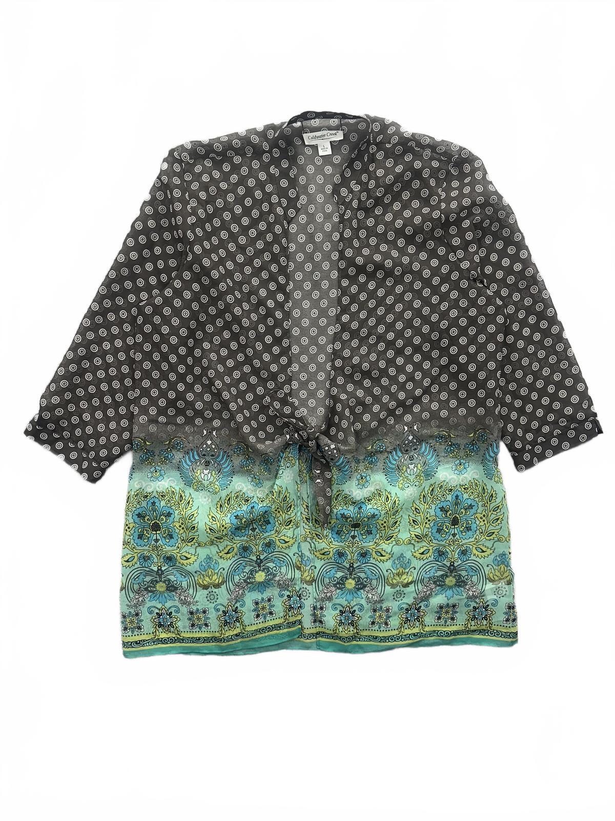 Coldwater Creek Bohemian Sheer Kimono Jacket with Turquoise Floral Border