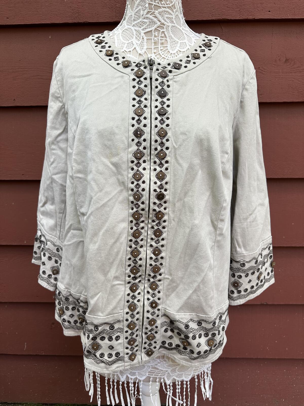 JM Collection Embellished Cream Tunic Top Boho Y2K Festival Style Blouse