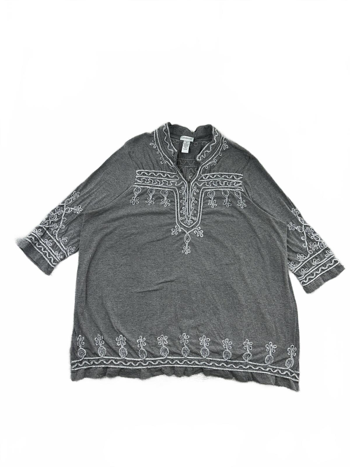 Catherines Gray Embroidered Boho Tunic Top Vintage Inspired Casual